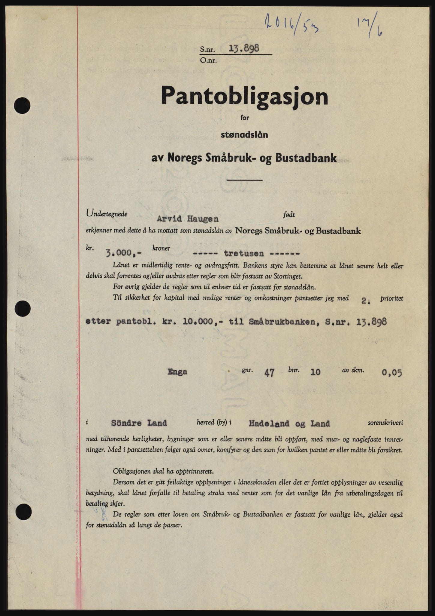 Hadeland og Land tingrett, SAH/TING-010/H/Hb/Hbc/L0027: Pantebok nr. B27, 1953-1953, Dagboknr: 2016/1953