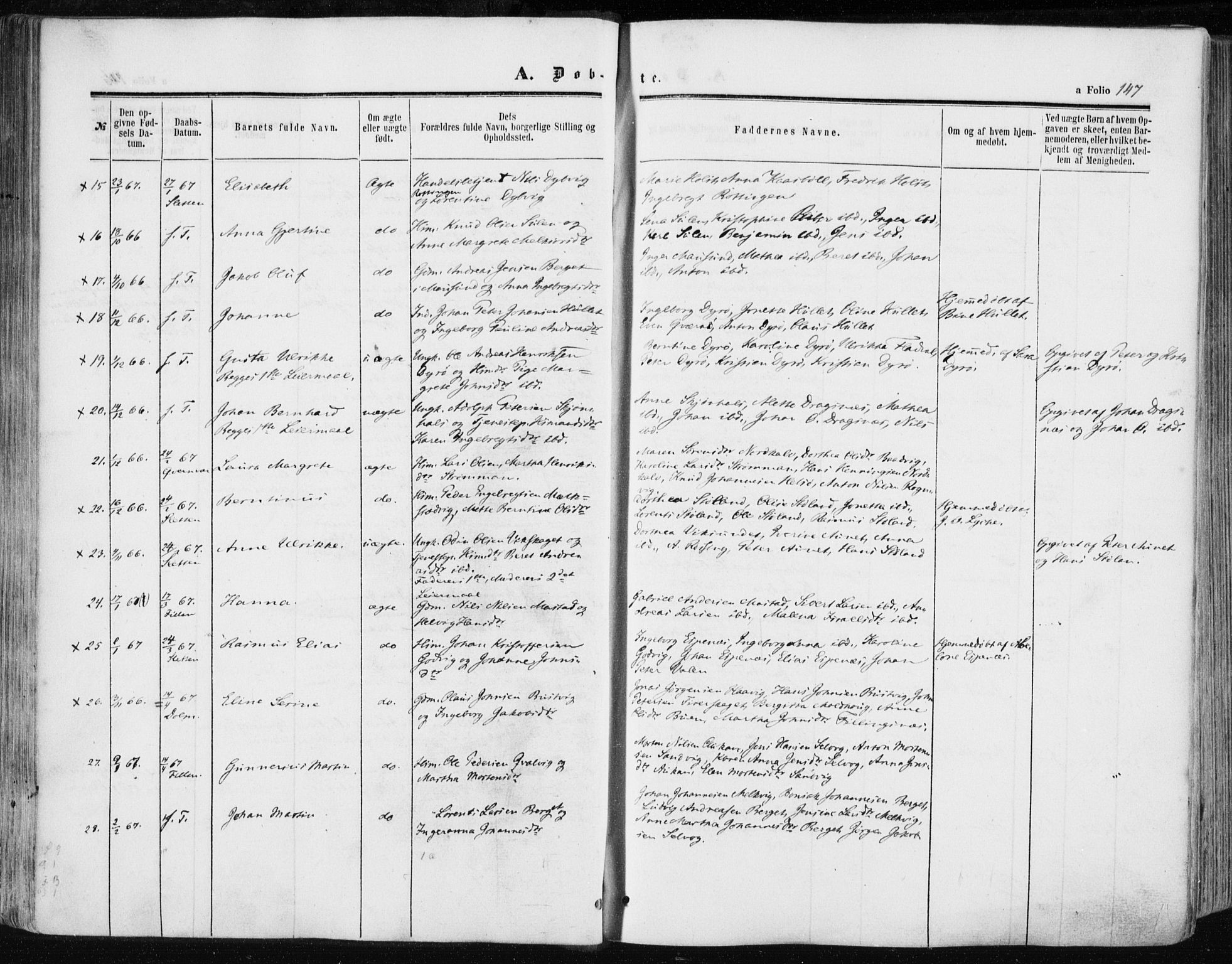 Ministerialprotokoller, klokkerbøker og fødselsregistre - Sør-Trøndelag, SAT/A-1456/634/L0531: Ministerialbok nr. 634A07, 1861-1870, s. 147