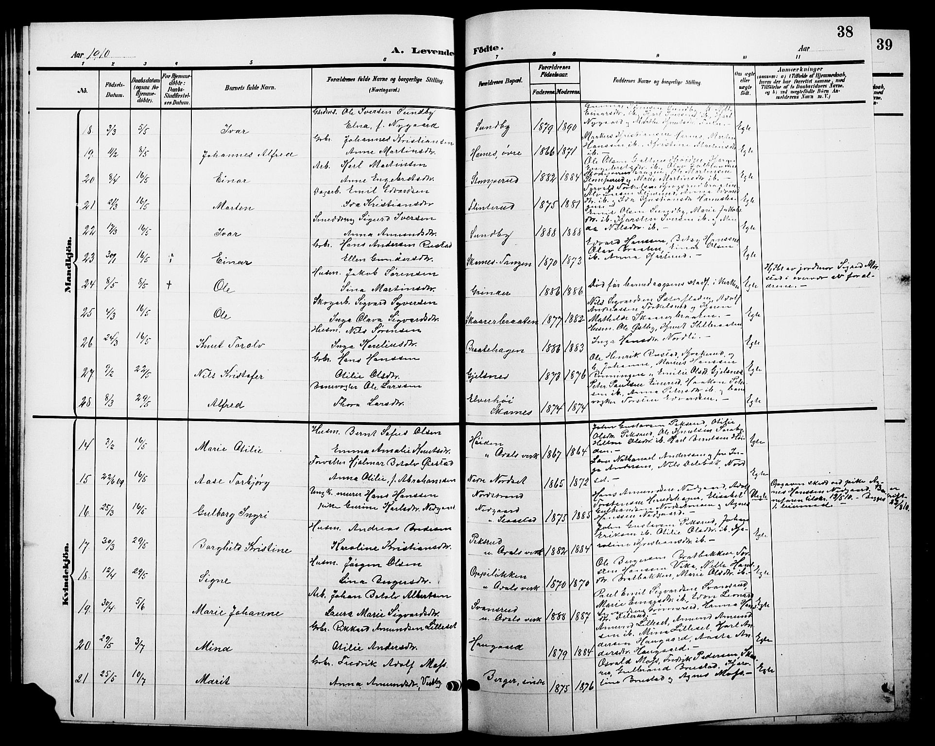 Sør-Odal prestekontor, AV/SAH-PREST-030/H/Ha/Hab/L0005: Klokkerbok nr. 5, 1903-1915, s. 38