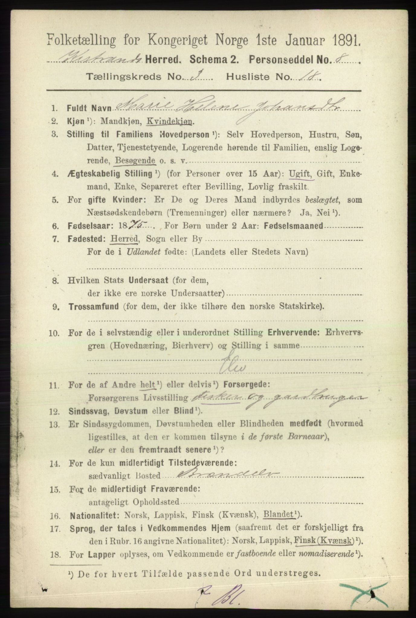 RA, Folketelling 1891 for 2020 Kistrand herred, 1891, s. 1399