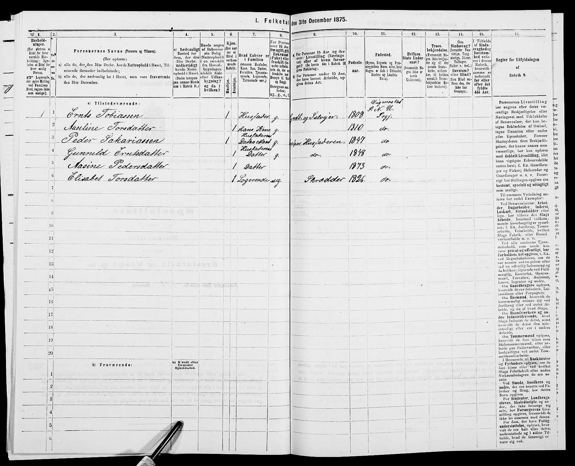 SAK, Folketelling 1875 for 1028P Nord-Audnedal prestegjeld, 1875, s. 444