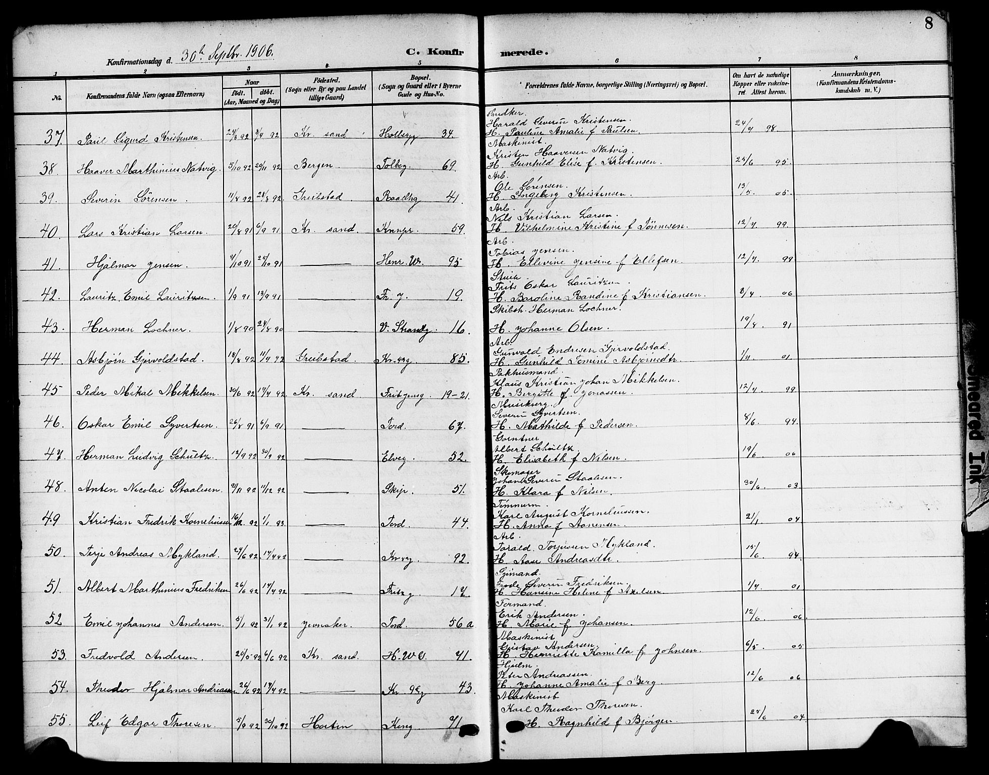 Kristiansand domprosti, AV/SAK-1112-0006/F/Fb/L0020: Klokkerbok nr. B 20, 1906-1915, s. 8