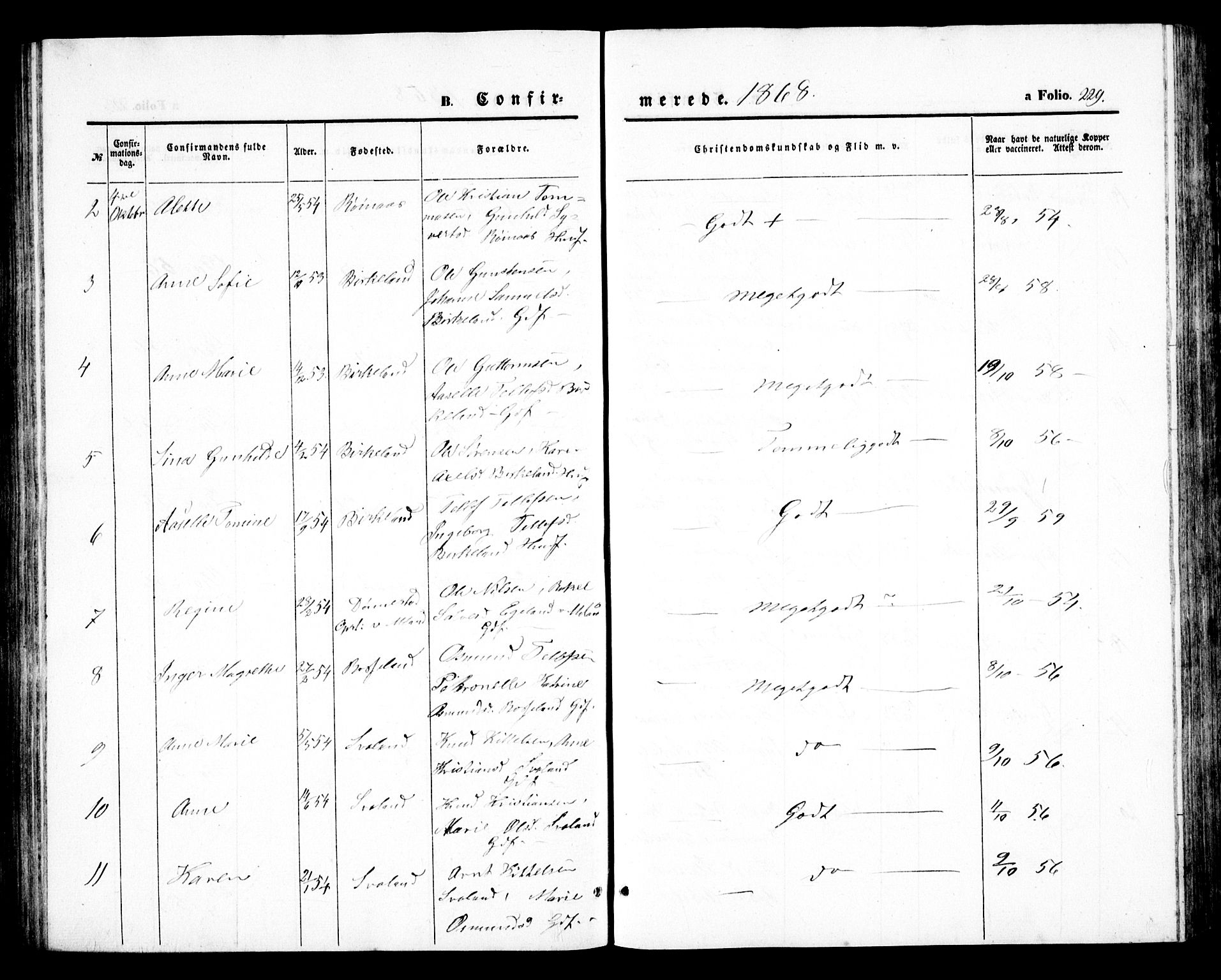 Birkenes sokneprestkontor, SAK/1111-0004/F/Fb/L0002: Klokkerbok nr. B 2, 1849-1876, s. 229