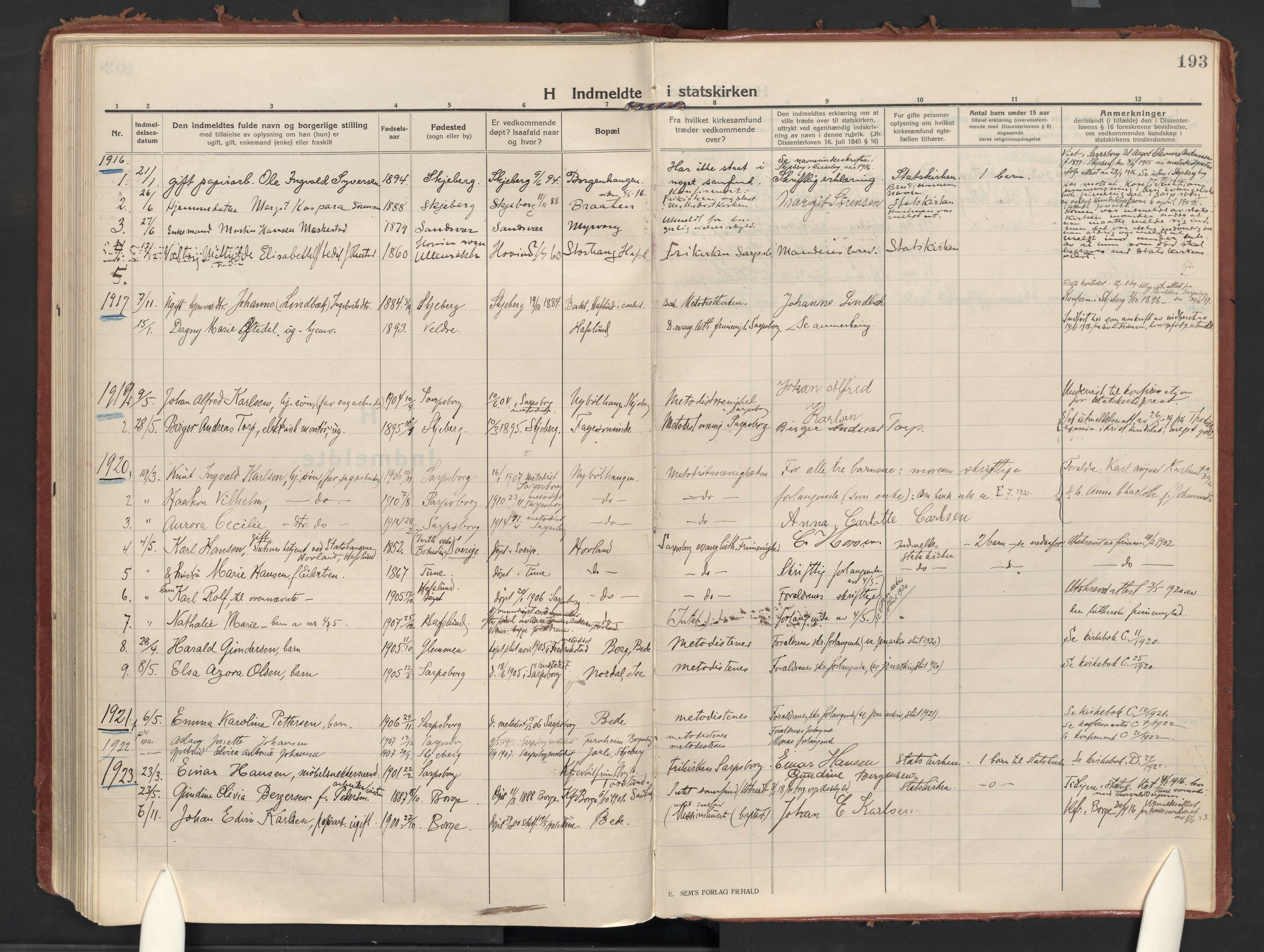 Skjeberg prestekontor Kirkebøker, AV/SAO-A-10923/F/Fd/L0001: Ministerialbok nr. IV 1, 1916-1925, s. 193
