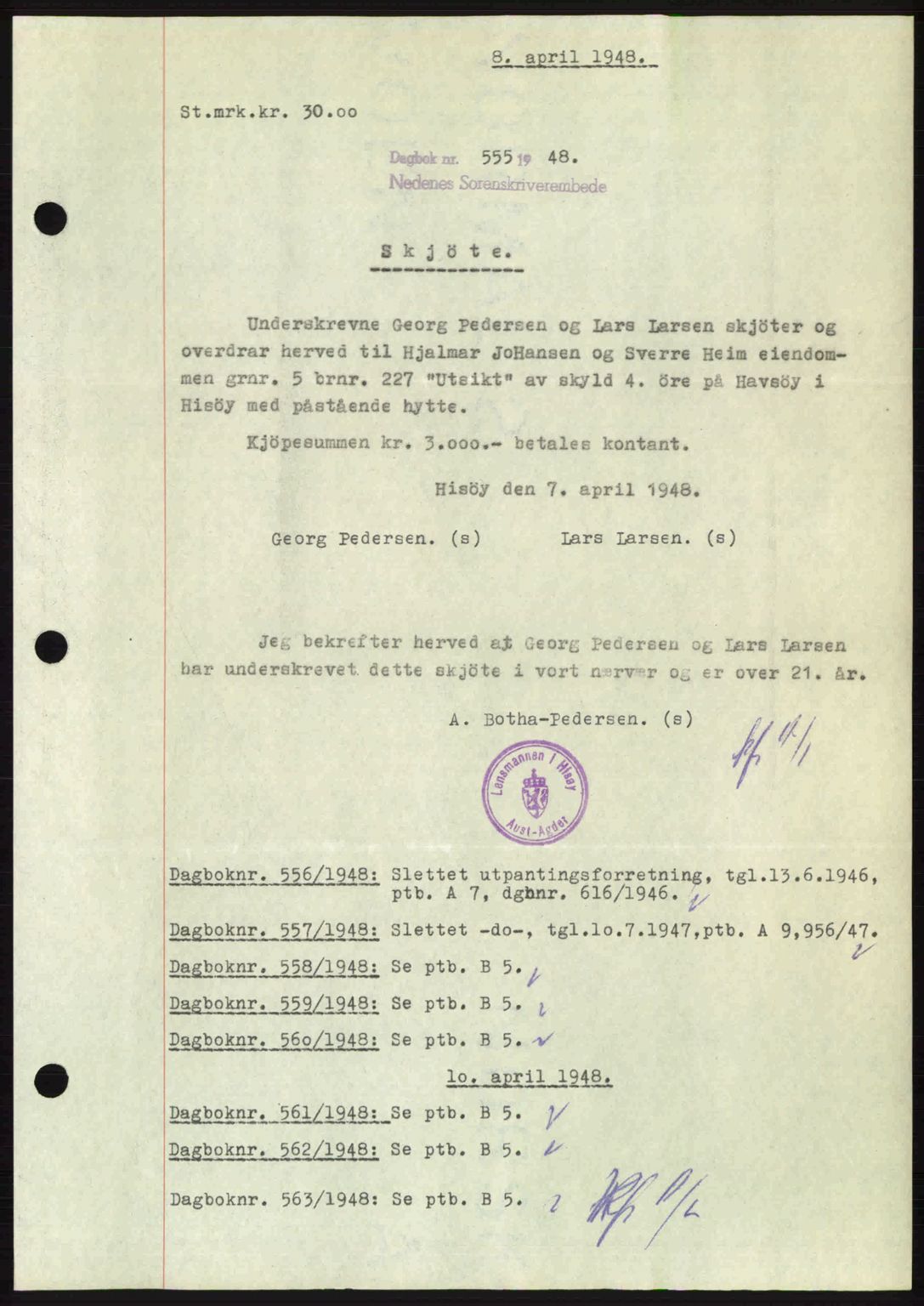 Nedenes sorenskriveri, AV/SAK-1221-0006/G/Gb/Gba/L0059: Pantebok nr. A11, 1948-1948, Dagboknr: 555/1948