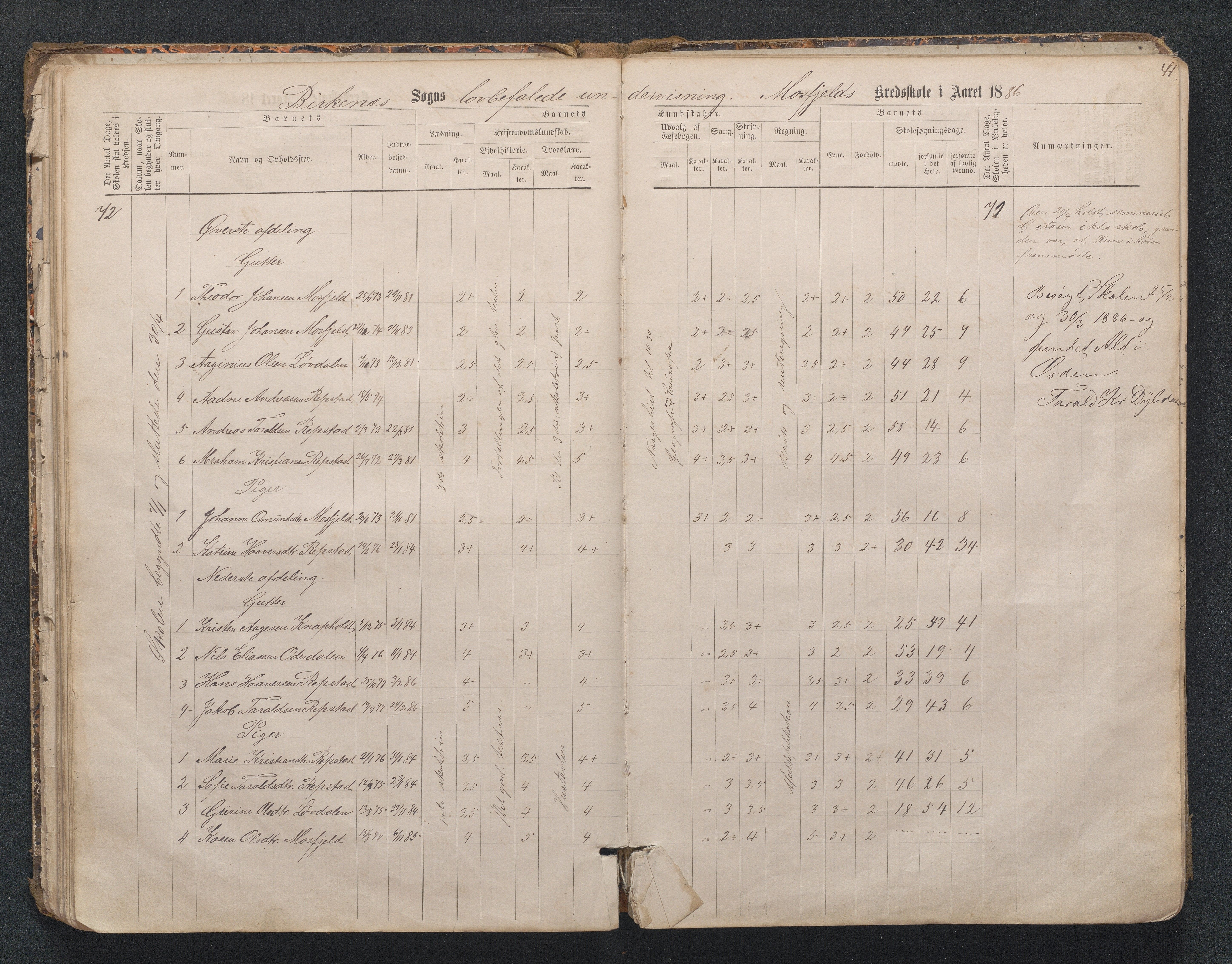 Birkenes kommune, Mosfjell skolekrets, AAKS/KA0928-550f_91/F02/L0001: Skoleprotokoll Flå og Mosfjell, 1867-1909, s. 41