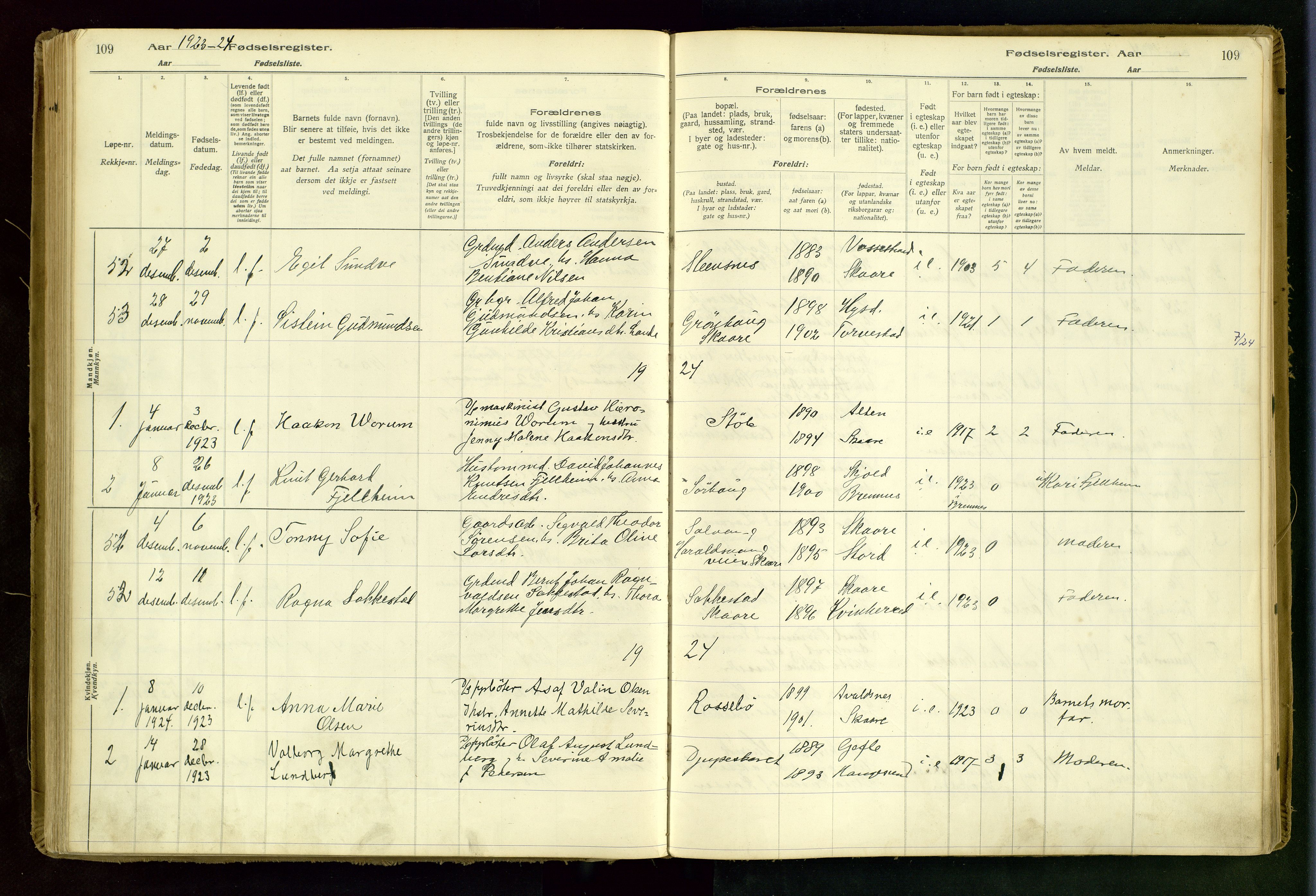 Haugesund sokneprestkontor, SAST/A -101863/I/Id/L0001: Fødselsregister nr. 1, 1916-1935, s. 109