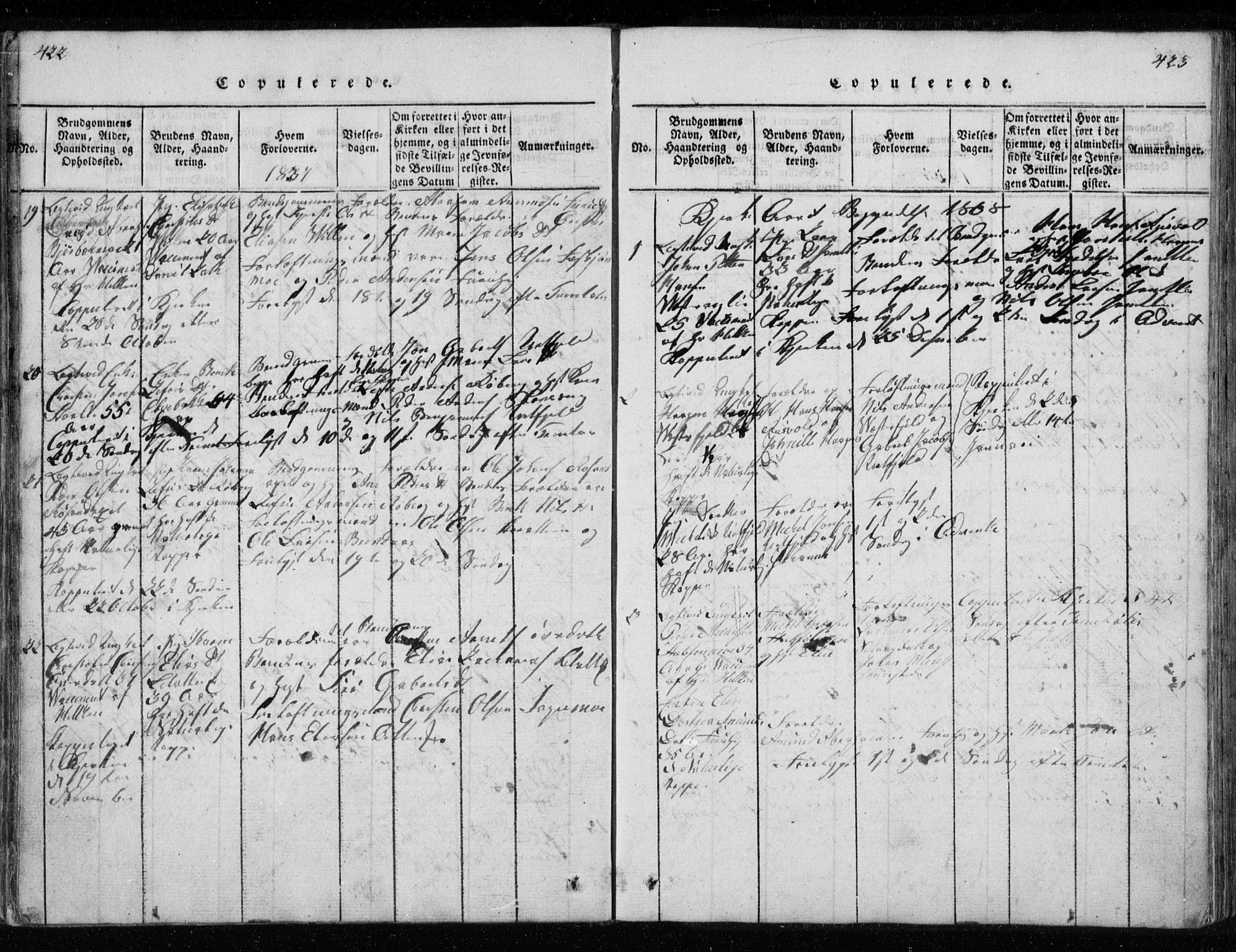 Ministerialprotokoller, klokkerbøker og fødselsregistre - Nordland, AV/SAT-A-1459/827/L0412: Klokkerbok nr. 827C01, 1820-1841, s. 422-423