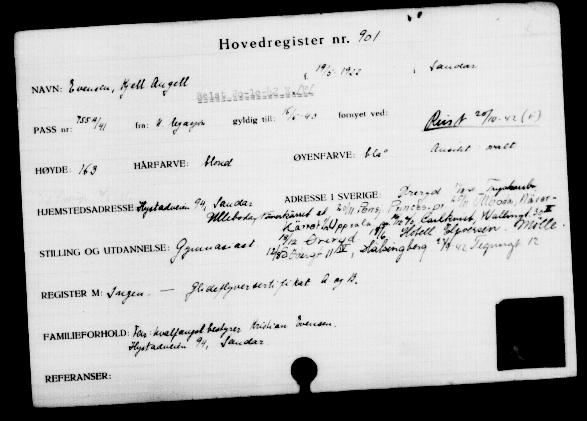 Utenriksstasjonene, Legasjonen i Stockholm, Flyktningkontoret, AV/RA-S-6753/V/Va/L0001: Kjesäterkartoteket, flyktninger med registreringsnr. 1-1000, 1940-1945, s. 1425