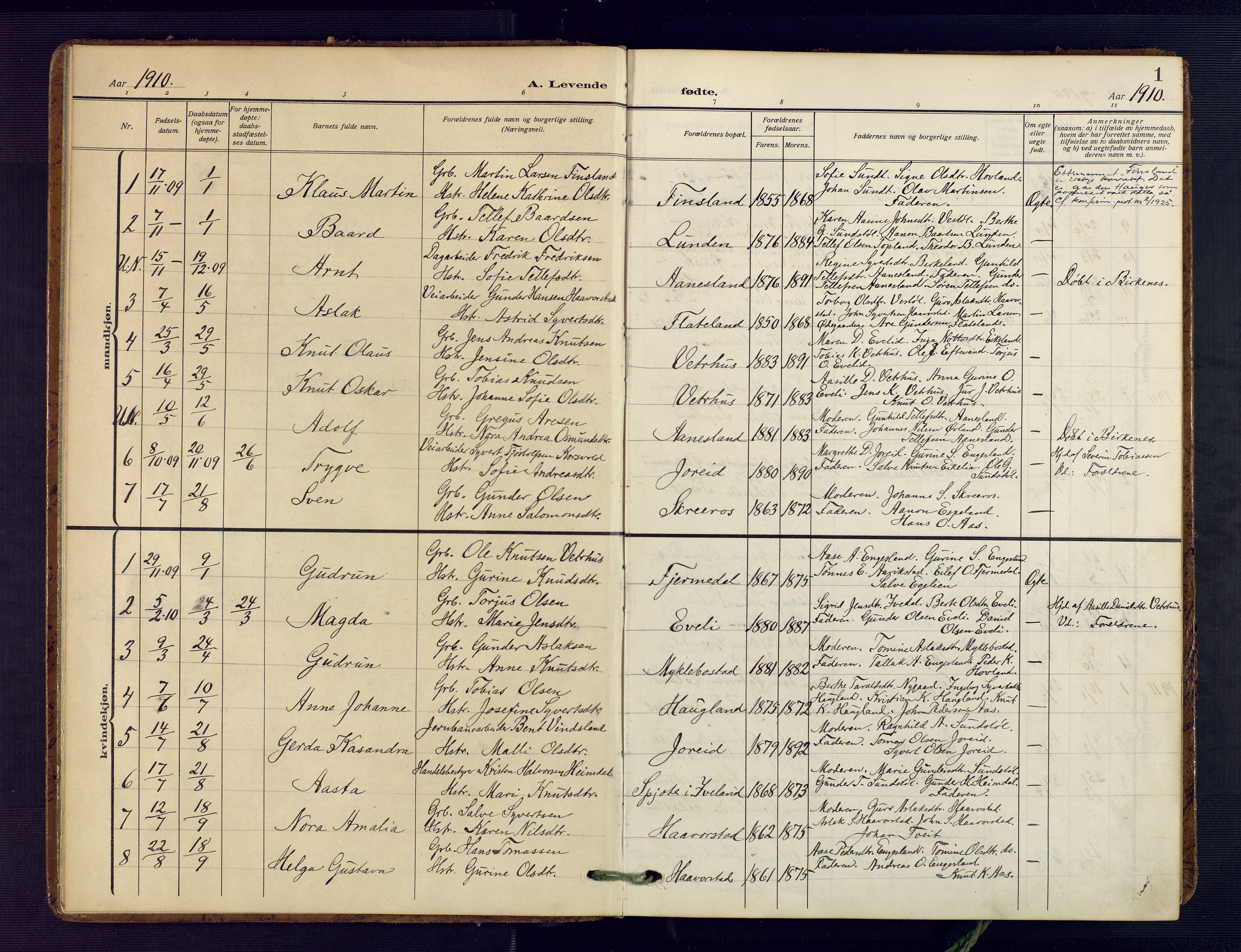 Herefoss sokneprestkontor, AV/SAK-1111-0019/F/Fa/Fab/L0005: Ministerialbok nr. A 5, 1910-1932, s. 1