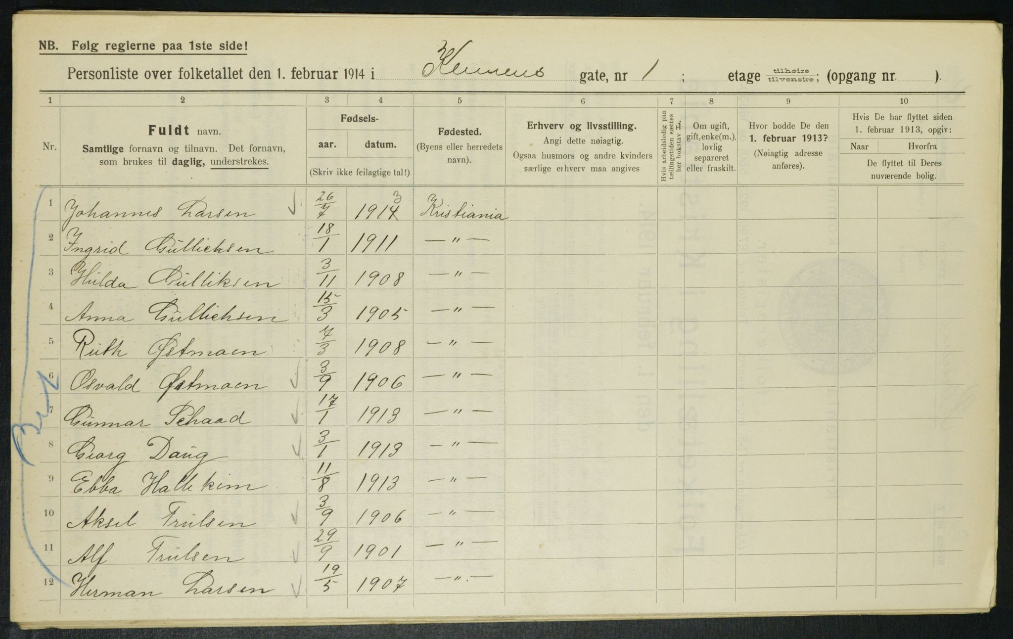 OBA, Kommunal folketelling 1.2.1914 for Kristiania, 1914, s. 12930