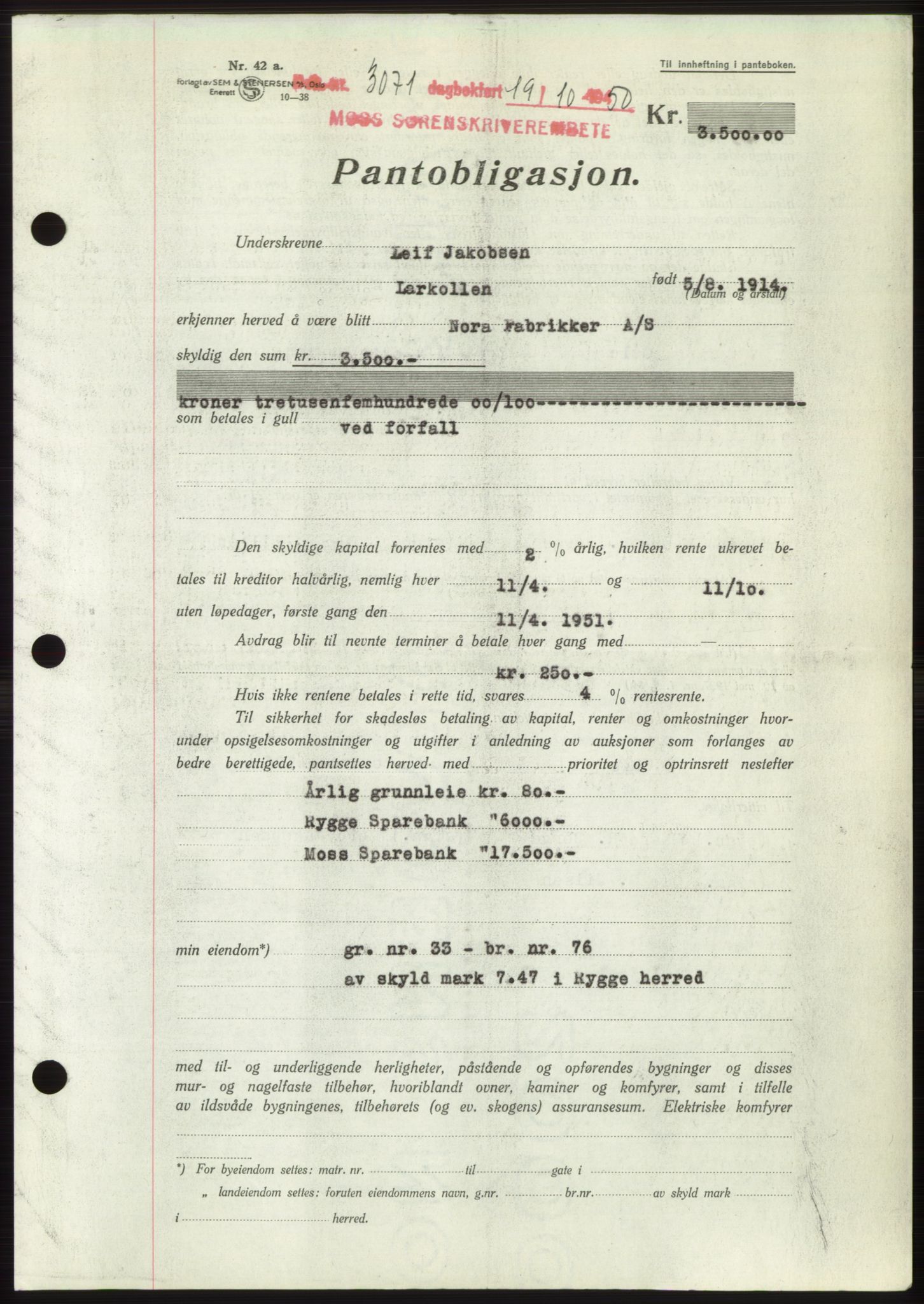 Moss sorenskriveri, SAO/A-10168: Pantebok nr. B25, 1950-1950, Dagboknr: 3071/1950