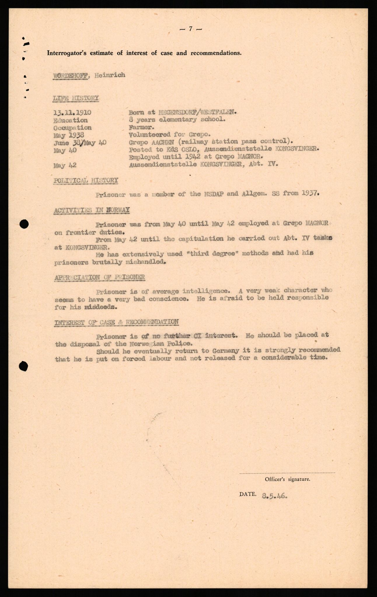 Forsvaret, Forsvarets overkommando II, AV/RA-RAFA-3915/D/Db/L0036: CI Questionaires. Tyske okkupasjonsstyrker i Norge. Tyskere., 1945-1946, s. 520