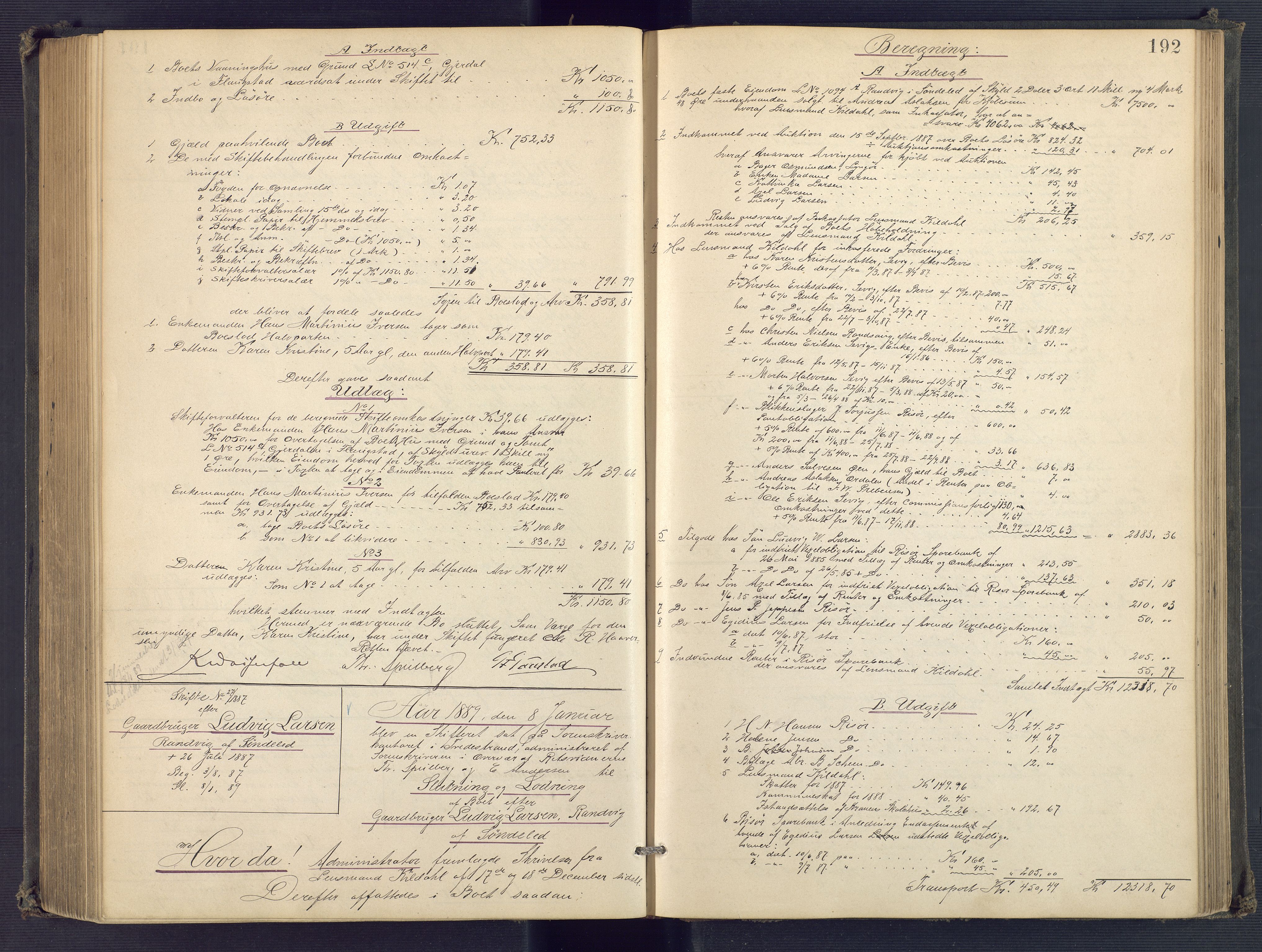 Holt sorenskriveri, AV/SAK-1221-0002/H/Hc/L0034: Skifteutlodningsprotokoll nr. 9, 1884-1890, s. 191b-192a