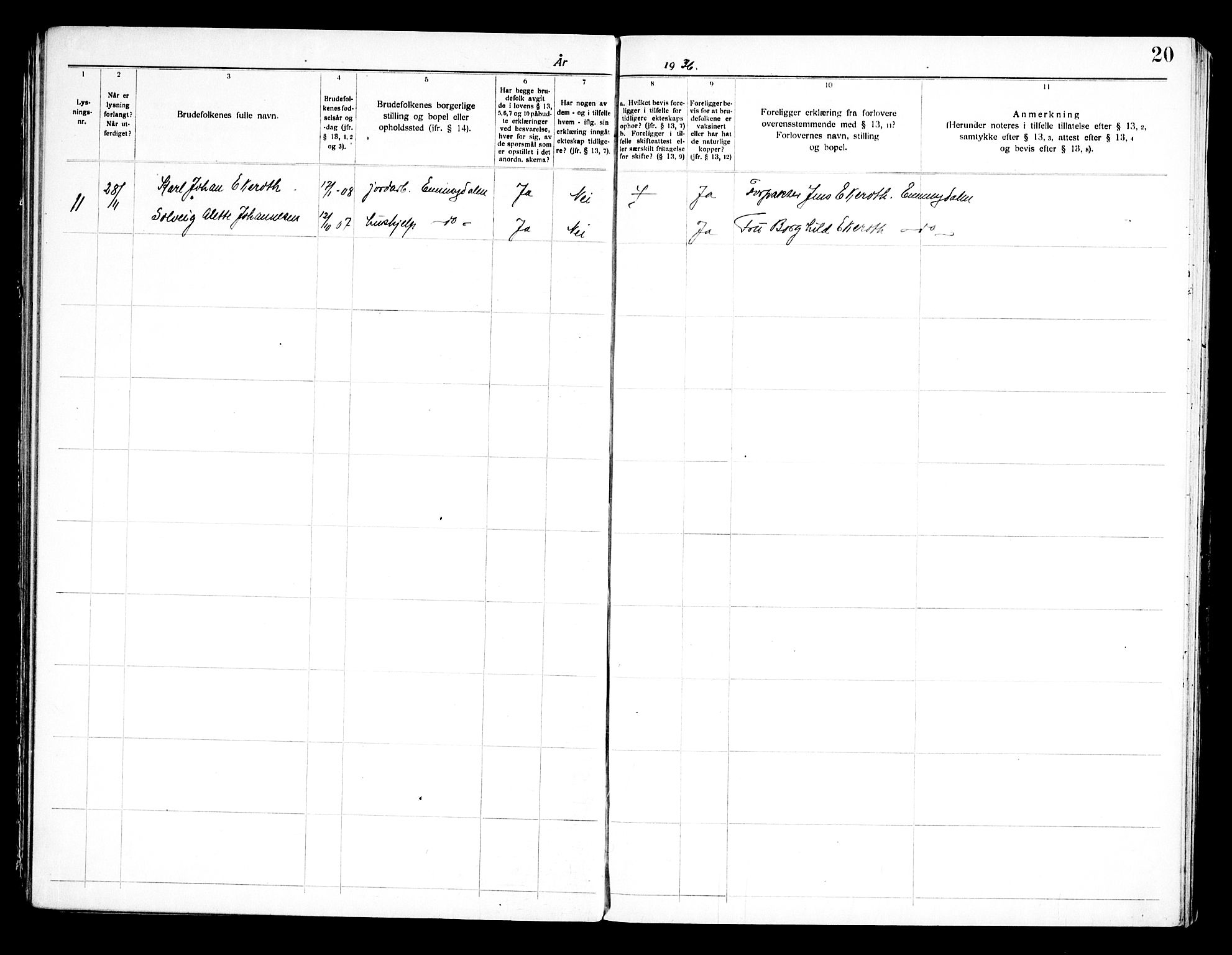 Idd prestekontor Kirkebøker, AV/SAO-A-10911/H/Hb/L0001: Lysningsprotokoll nr. II 1, 1919-1972, s. 20