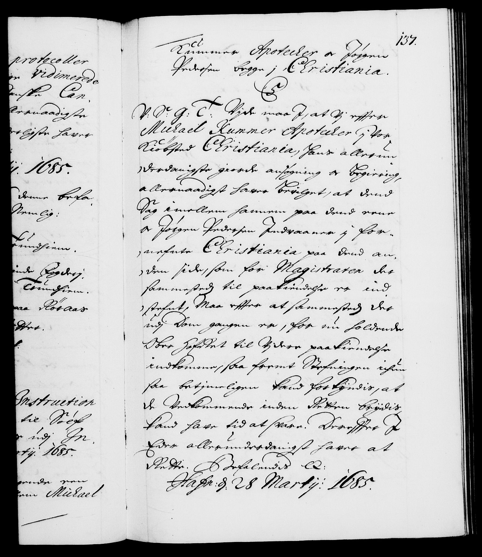 Danske Kanselli 1572-1799, AV/RA-EA-3023/F/Fc/Fca/Fcab/L0013: Norske tegnelser (mikrofilm), 1684-1687, s. 137a