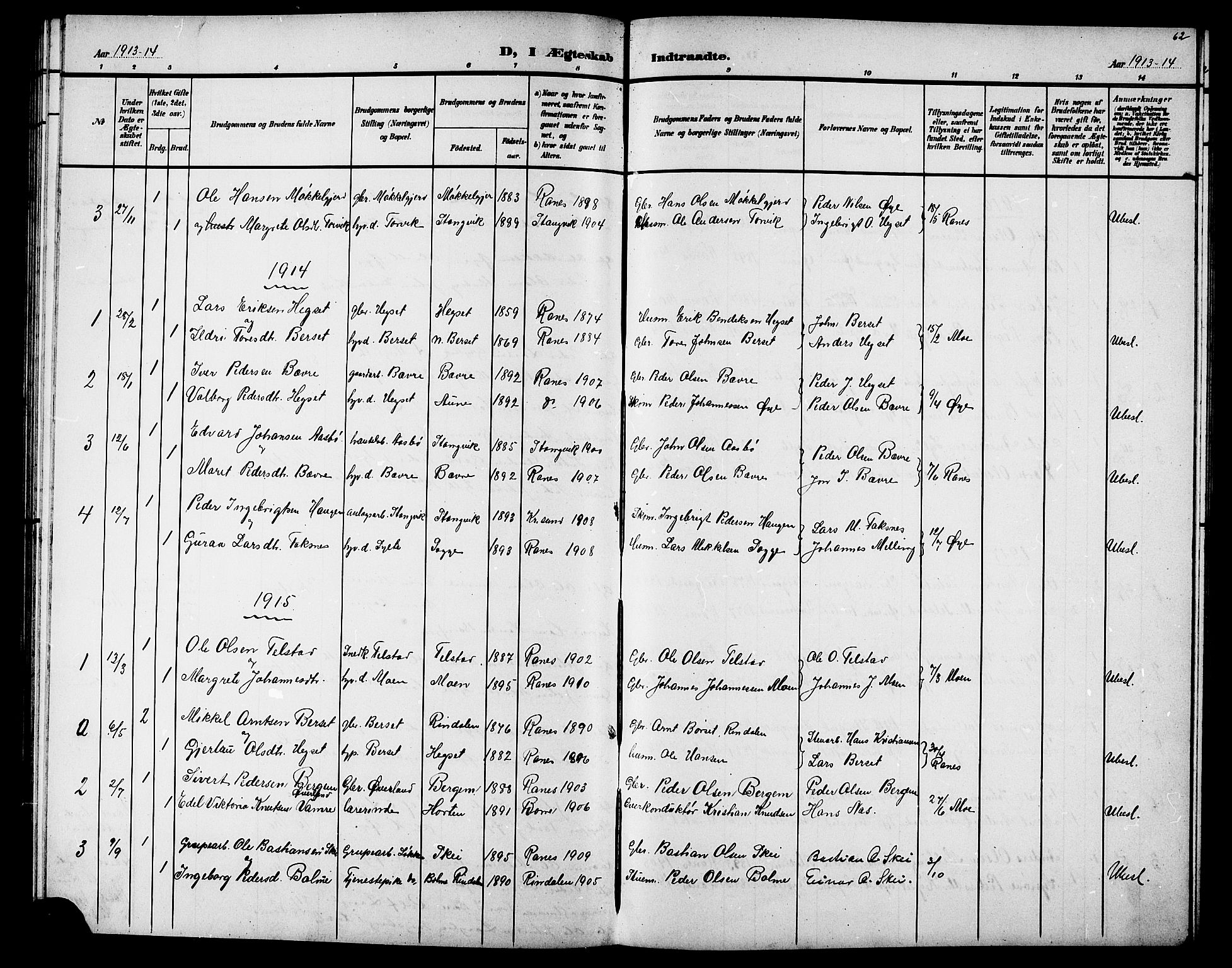 Ministerialprotokoller, klokkerbøker og fødselsregistre - Møre og Romsdal, AV/SAT-A-1454/595/L1053: Klokkerbok nr. 595C05, 1901-1919, s. 62