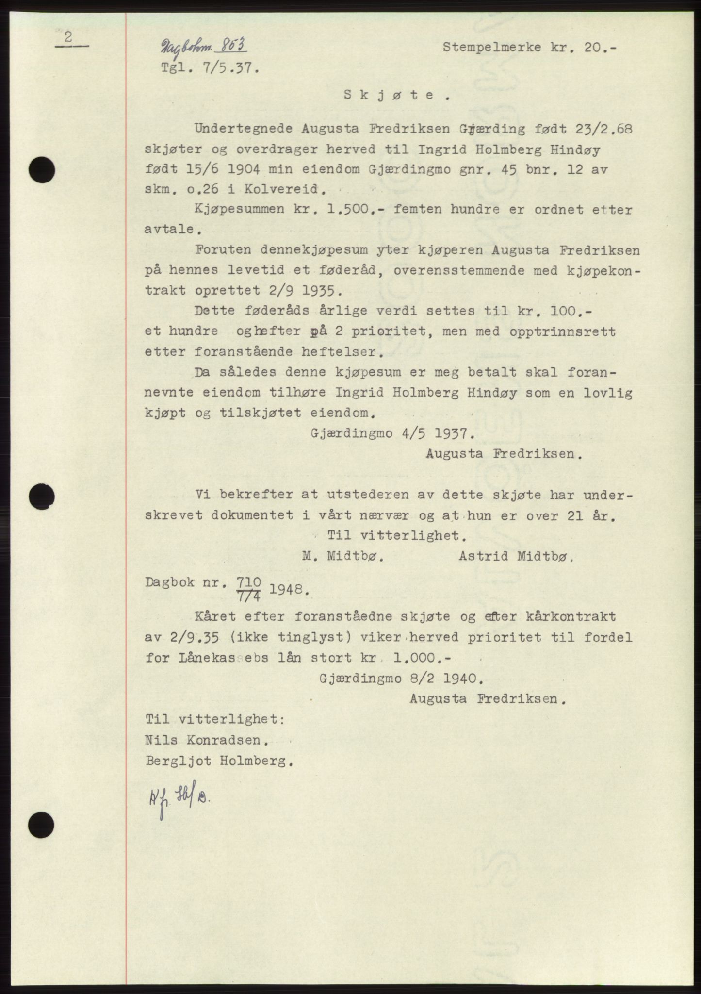 Namdal sorenskriveri, SAT/A-4133/1/2/2C: Pantebok nr. -, 1937-1939, Tingl.dato: 07.05.1937