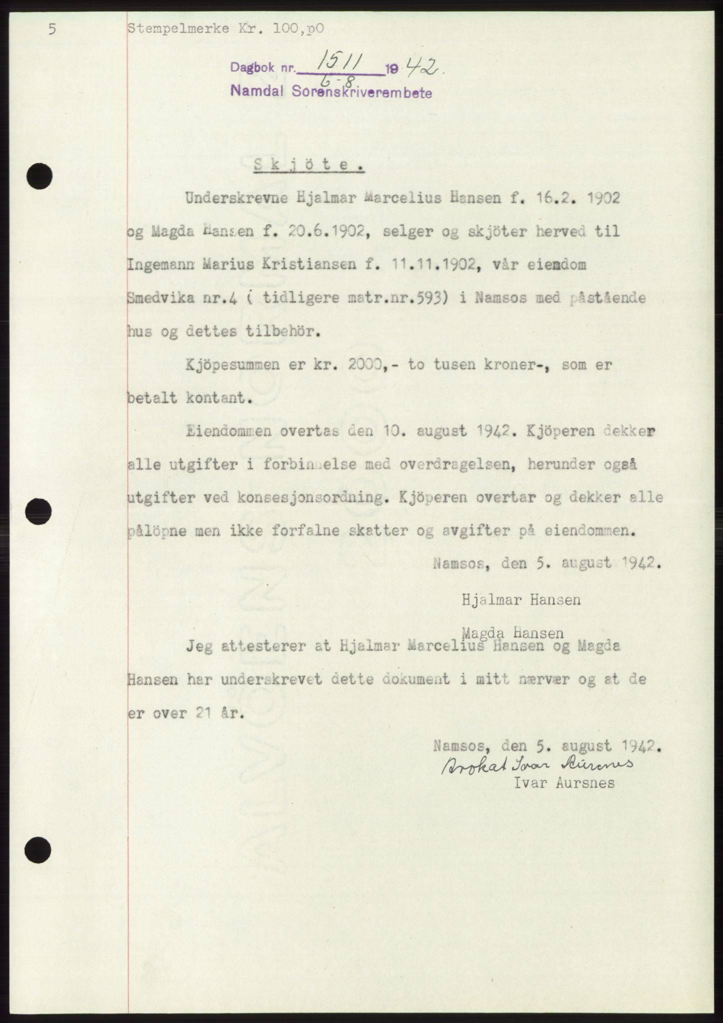 Namdal sorenskriveri, SAT/A-4133/1/2/2C: Pantebok nr. -, 1942-1943, Dagboknr: 1511/1942