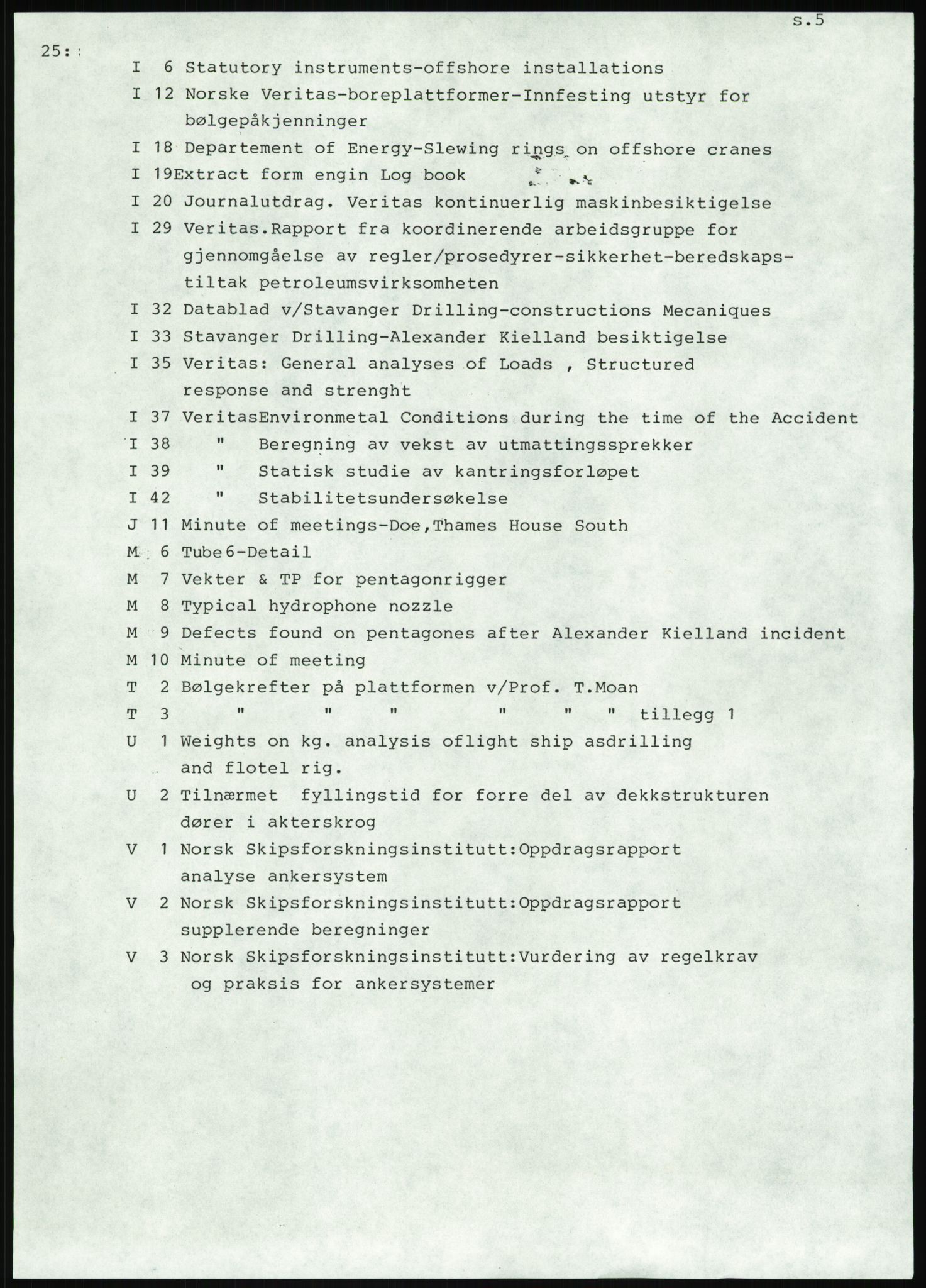 Justisdepartementet, Granskningskommisjonen ved Alexander Kielland-ulykken 27.3.1980, AV/RA-S-1165/D/L0025: I Det norske Veritas (Doku.liste + I6, I12, I18-I20, I29, I32-I33, I35, I37-I39, I42)/J Department of Energy (J11)/M Lloyds Register(M6, M8-M10)/T (T2-T3/ U Stabilitet (U1-U2)/V Forankring (V1-V3), 1980-1981, s. 3