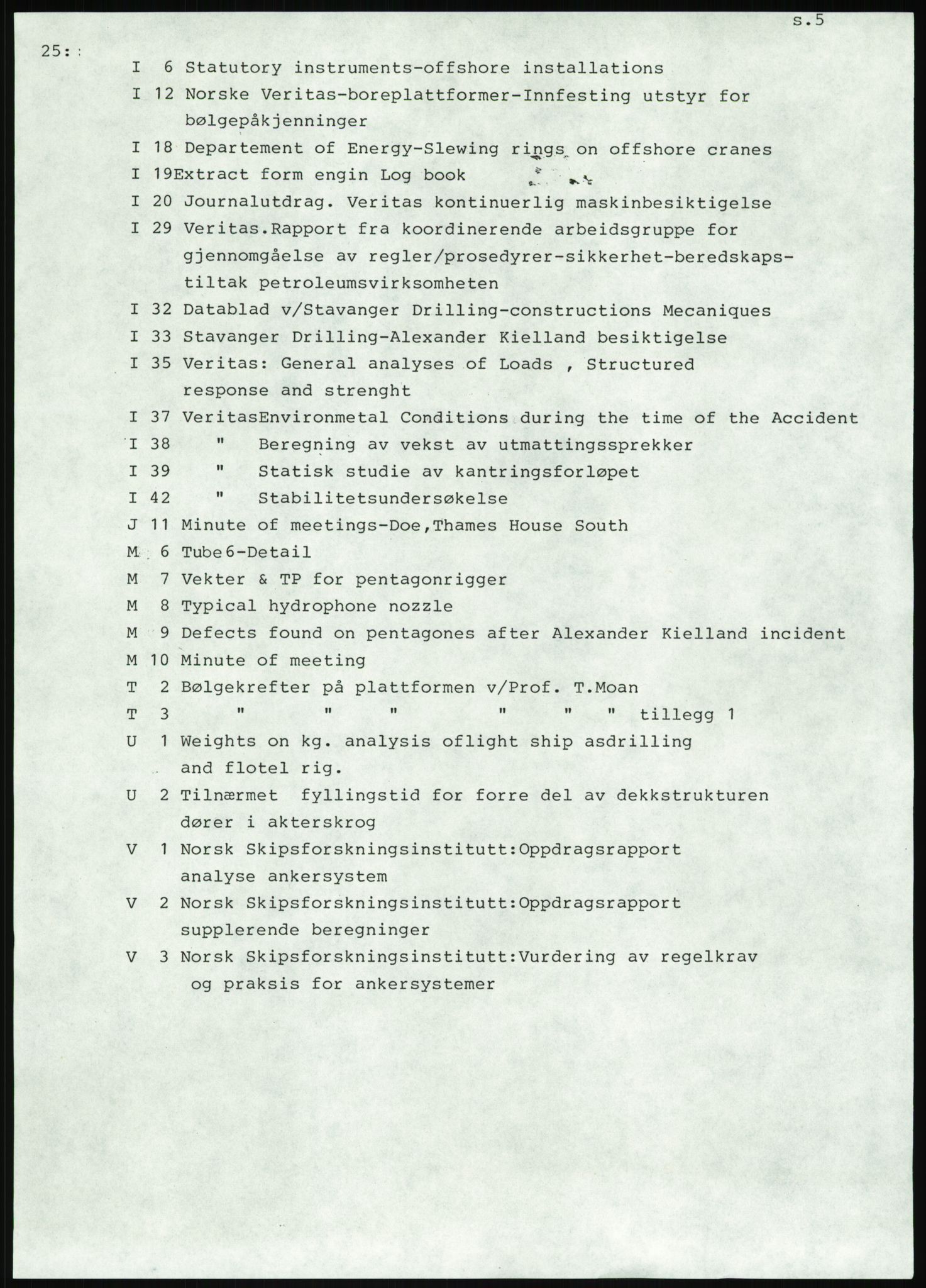 Justisdepartementet, Granskningskommisjonen ved Alexander Kielland-ulykken 27.3.1980, RA/S-1165/D/L0025: I Det norske Veritas (Doku.liste + I6, I12, I18-I20, I29, I32-I33, I35, I37-I39, I42)/J Department of Energy (J11)/M Lloyds Register(M6, M8-M10)/T (T2-T3/ U Stabilitet (U1-U2)/V Forankring (V1-V3), 1980-1981, s. 3