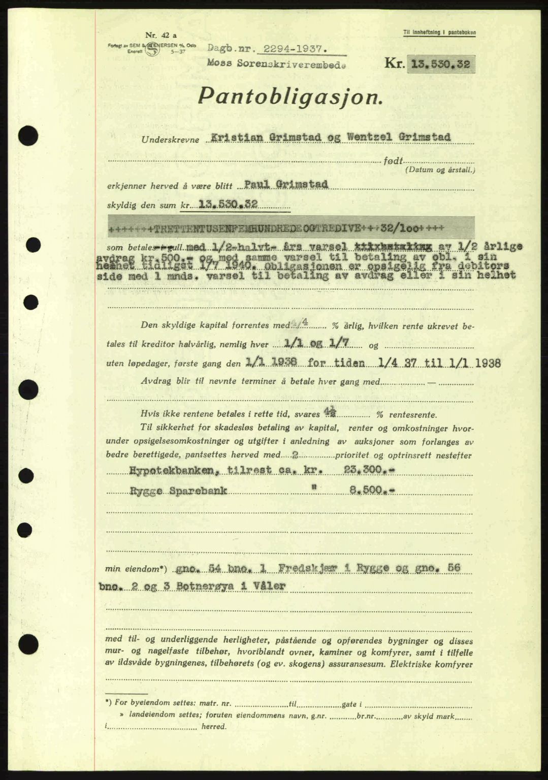 Moss sorenskriveri, SAO/A-10168: Pantebok nr. B4, 1937-1938, Dagboknr: 2294/1937