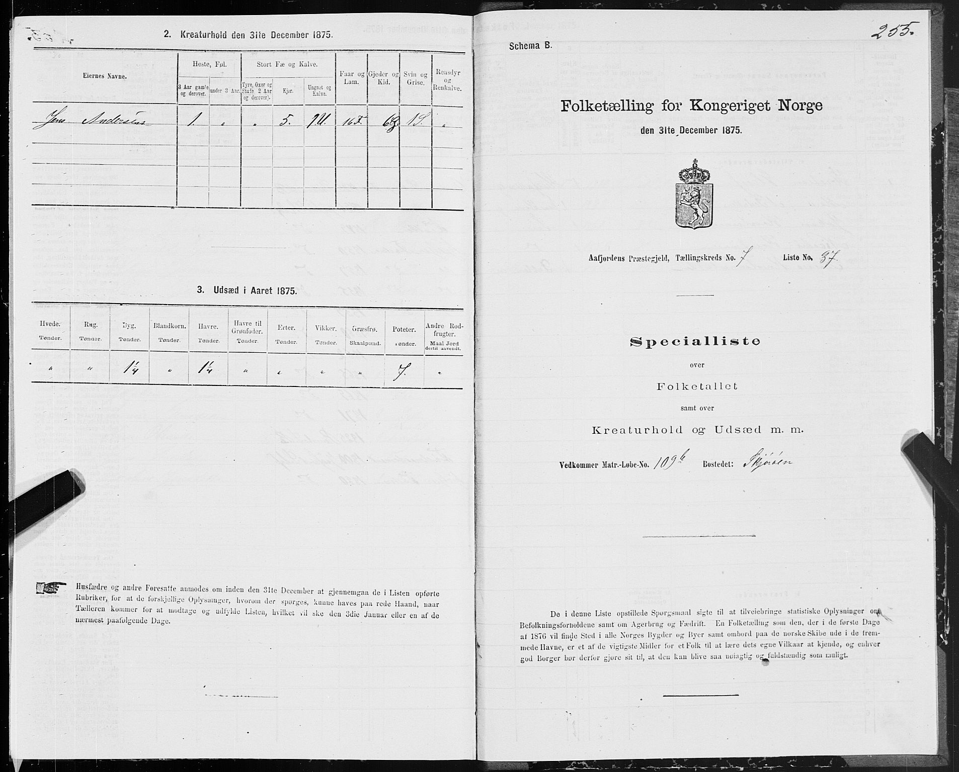 SAT, Folketelling 1875 for 1630P Aafjorden prestegjeld, 1875, s. 3255