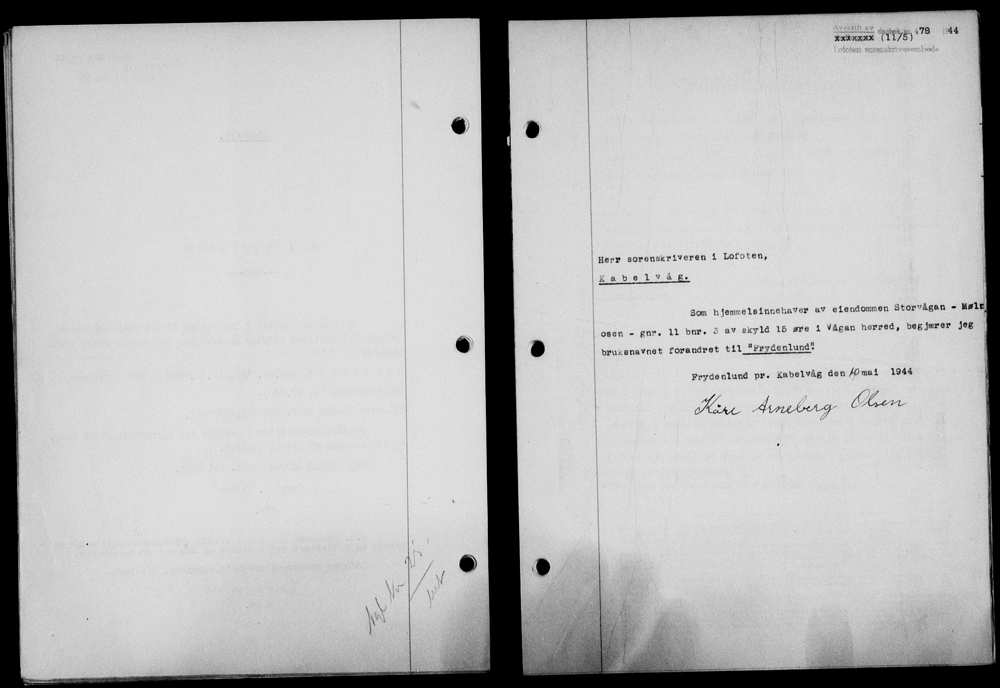 Lofoten sorenskriveri, SAT/A-0017/1/2/2C/L0012a: Pantebok nr. 12a, 1943-1944, Dagboknr: 478/1944