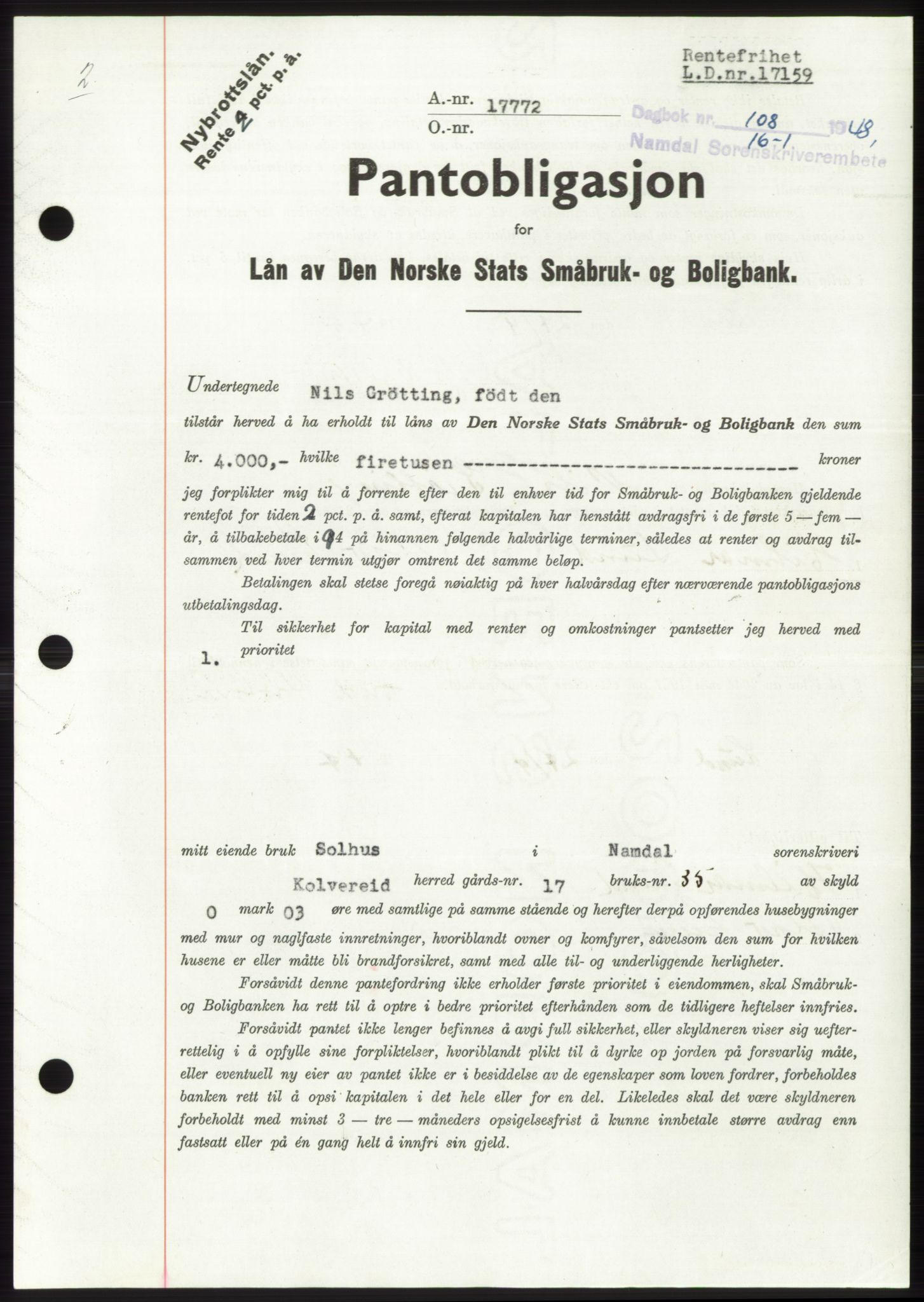 Namdal sorenskriveri, SAT/A-4133/1/2/2C: Pantebok nr. -, 1947-1948, Dagboknr: 108/1948