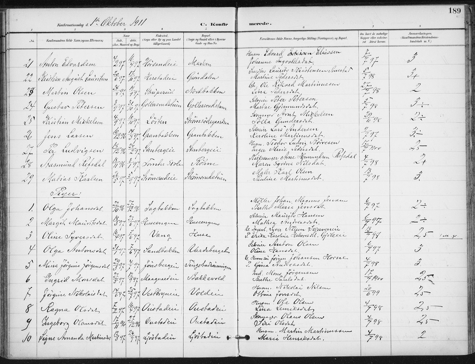 Romedal prestekontor, AV/SAH-PREST-004/K/L0011: Ministerialbok nr. 11, 1896-1912, s. 189