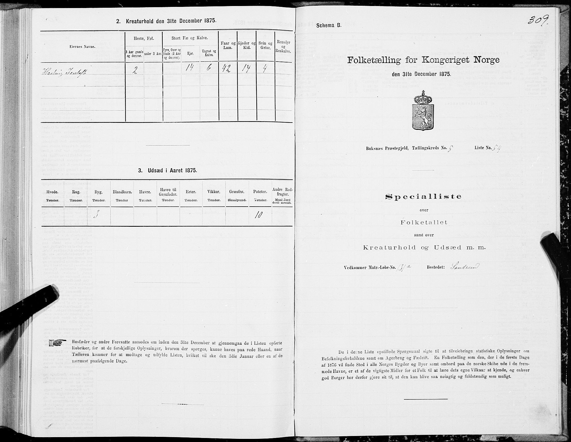 SAT, Folketelling 1875 for 1860P Buksnes prestegjeld, 1875, s. 2309