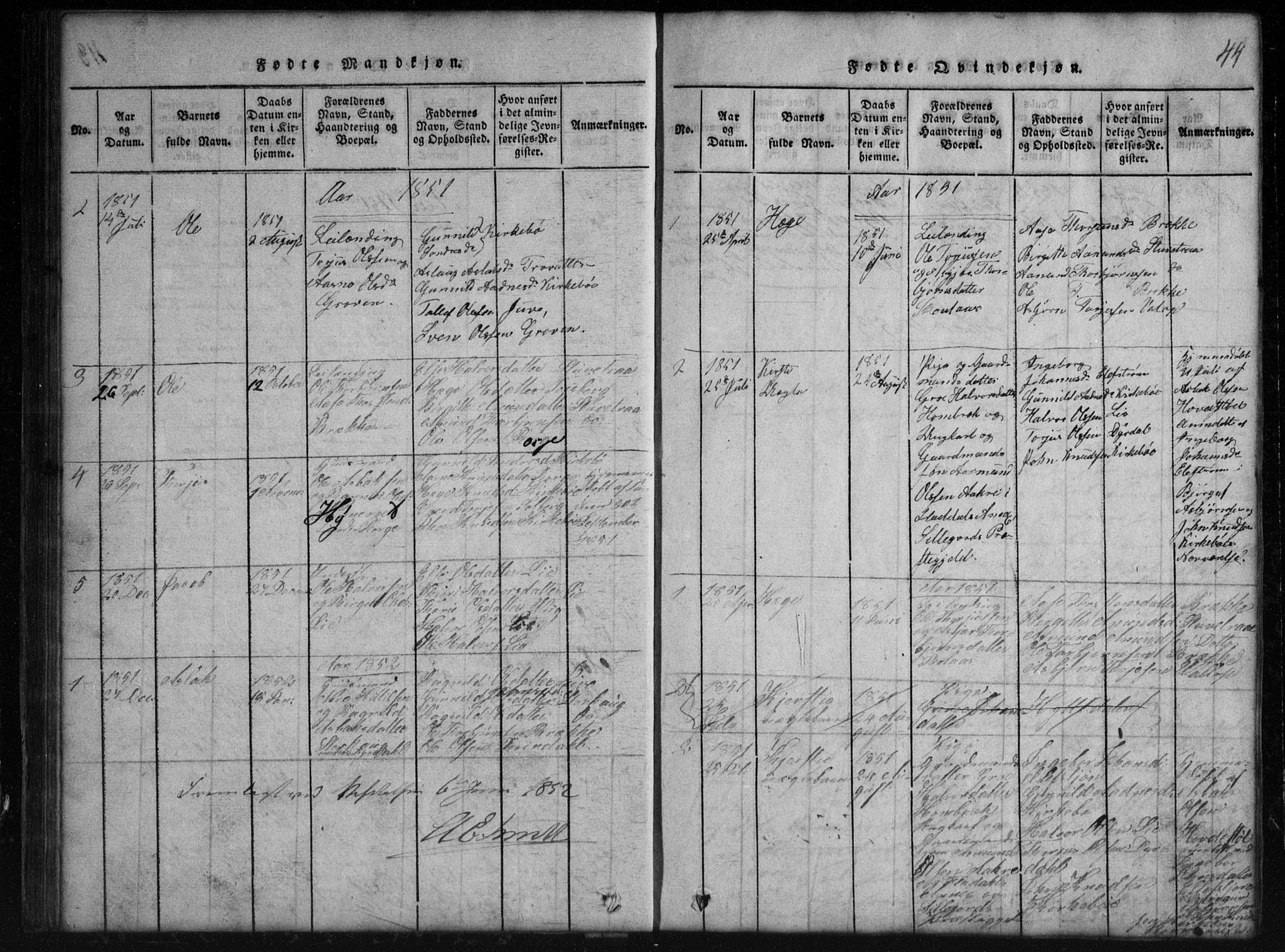 Rauland kirkebøker, AV/SAKO-A-292/G/Gb/L0001: Klokkerbok nr. II 1, 1815-1886, s. 44