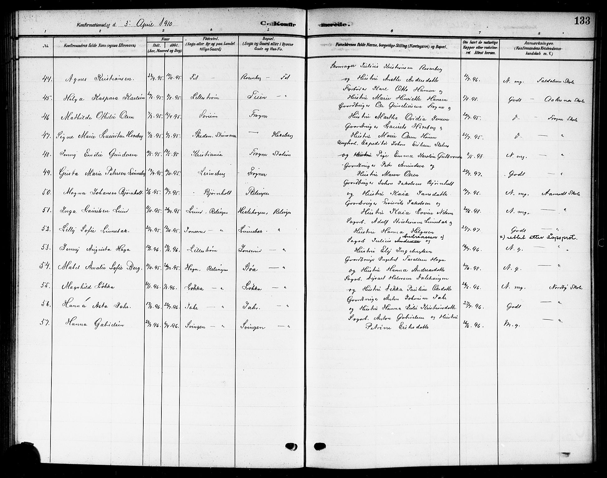 Skedsmo prestekontor Kirkebøker, AV/SAO-A-10033a/G/Gc/L0001: Klokkerbok nr. III 1, 1908-1916, s. 133