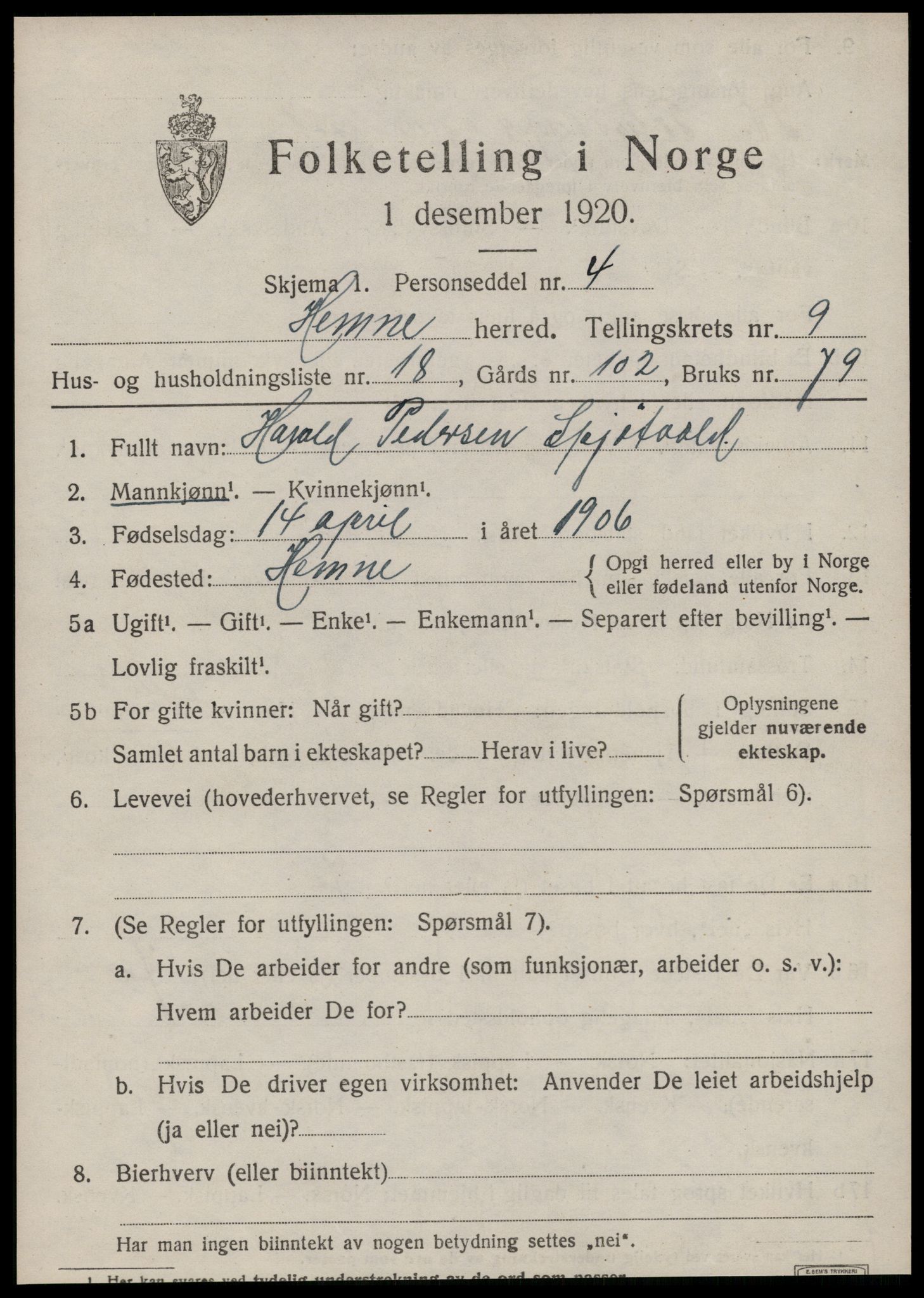 SAT, Folketelling 1920 for 1612 Hemne herred, 1920, s. 5608