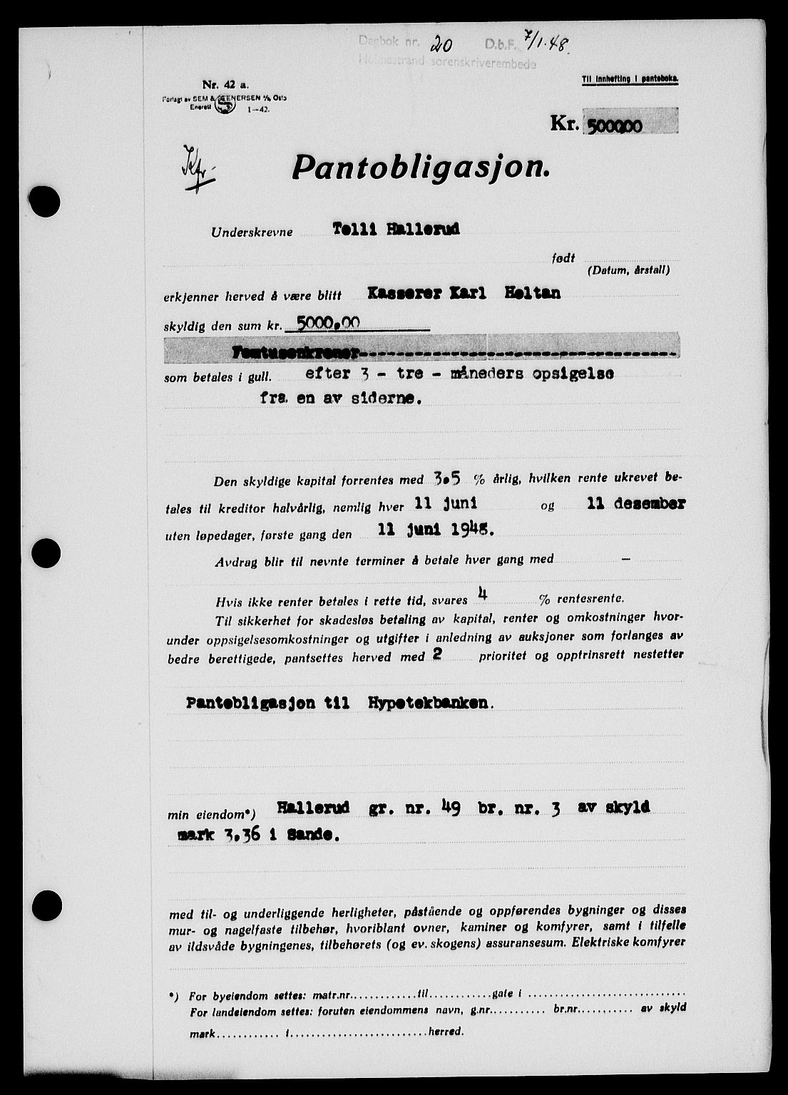 Holmestrand sorenskriveri, SAKO/A-67/G/Ga/Gab/L0058: Pantebok nr. B-58, 1947-1948, Dagboknr: 20/1948