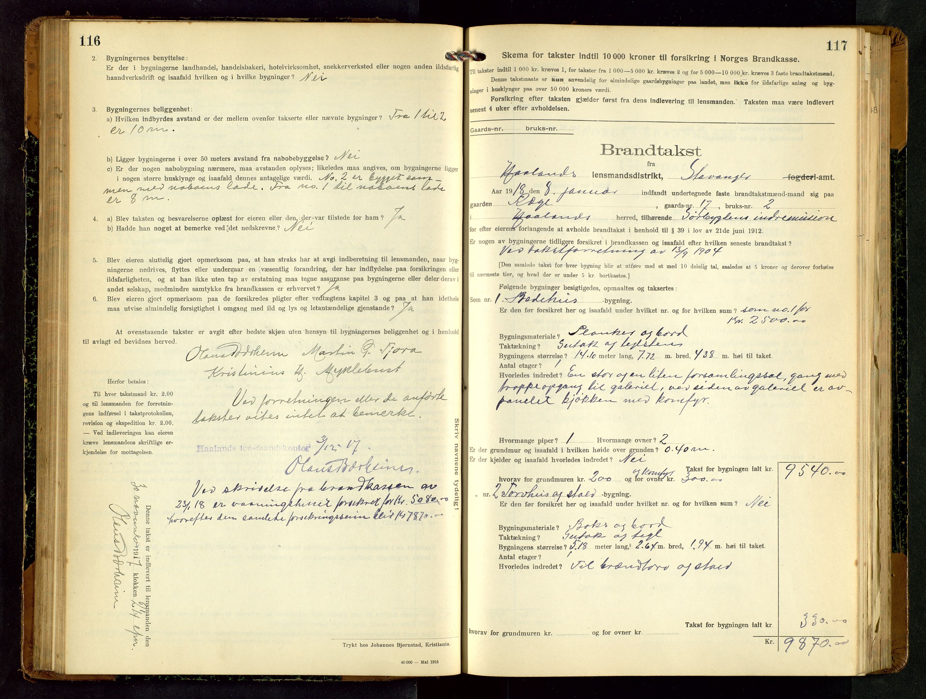 Håland lensmannskontor, SAST/A-100100/Gob/L0006: Branntakstprotokoll - skjematakst. Register i boken., 1917-1920, s. 116-117
