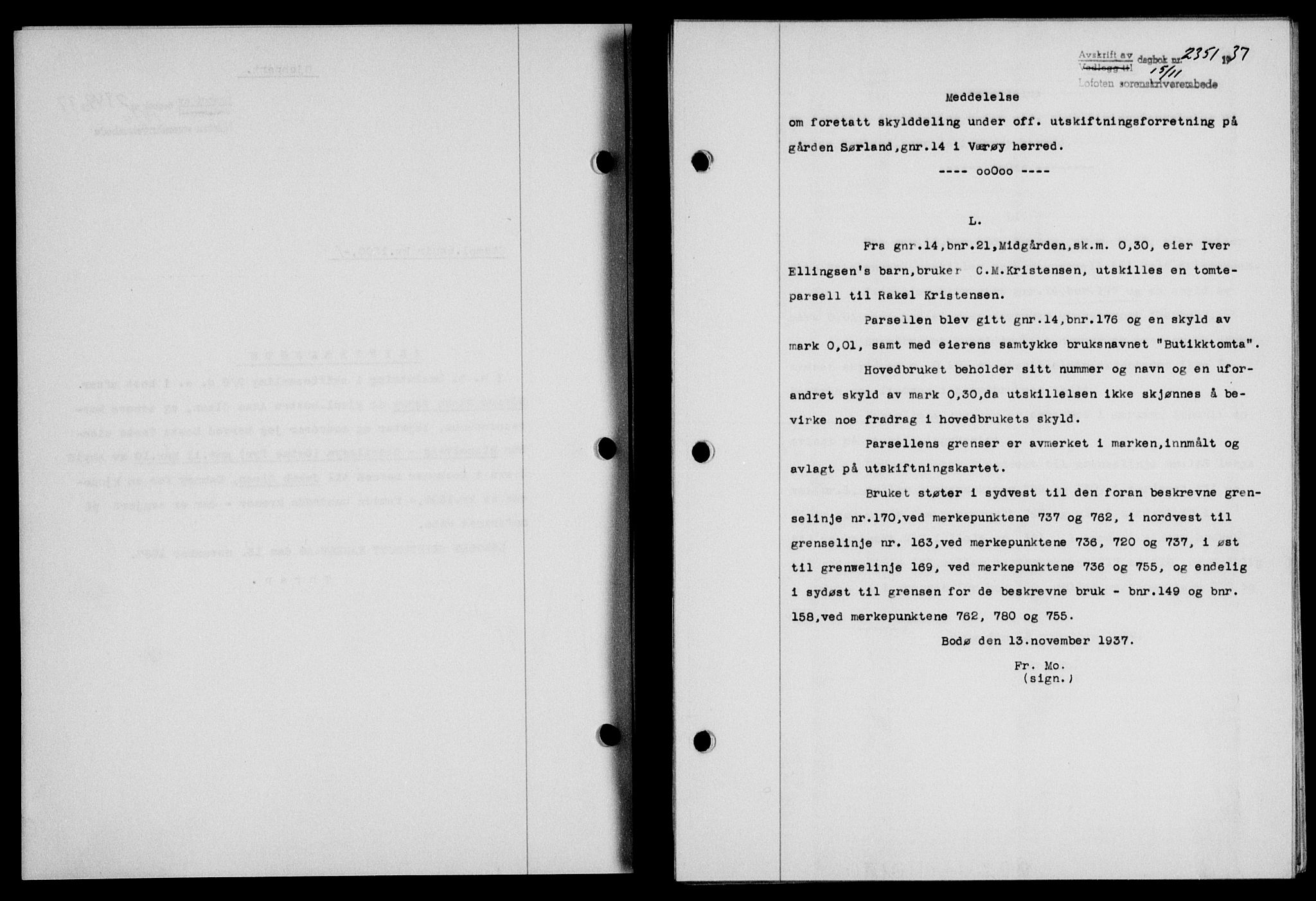 Lofoten sorenskriveri, SAT/A-0017/1/2/2C/L0003a: Pantebok nr. 3a, 1937-1938, Dagboknr: 2351/1937