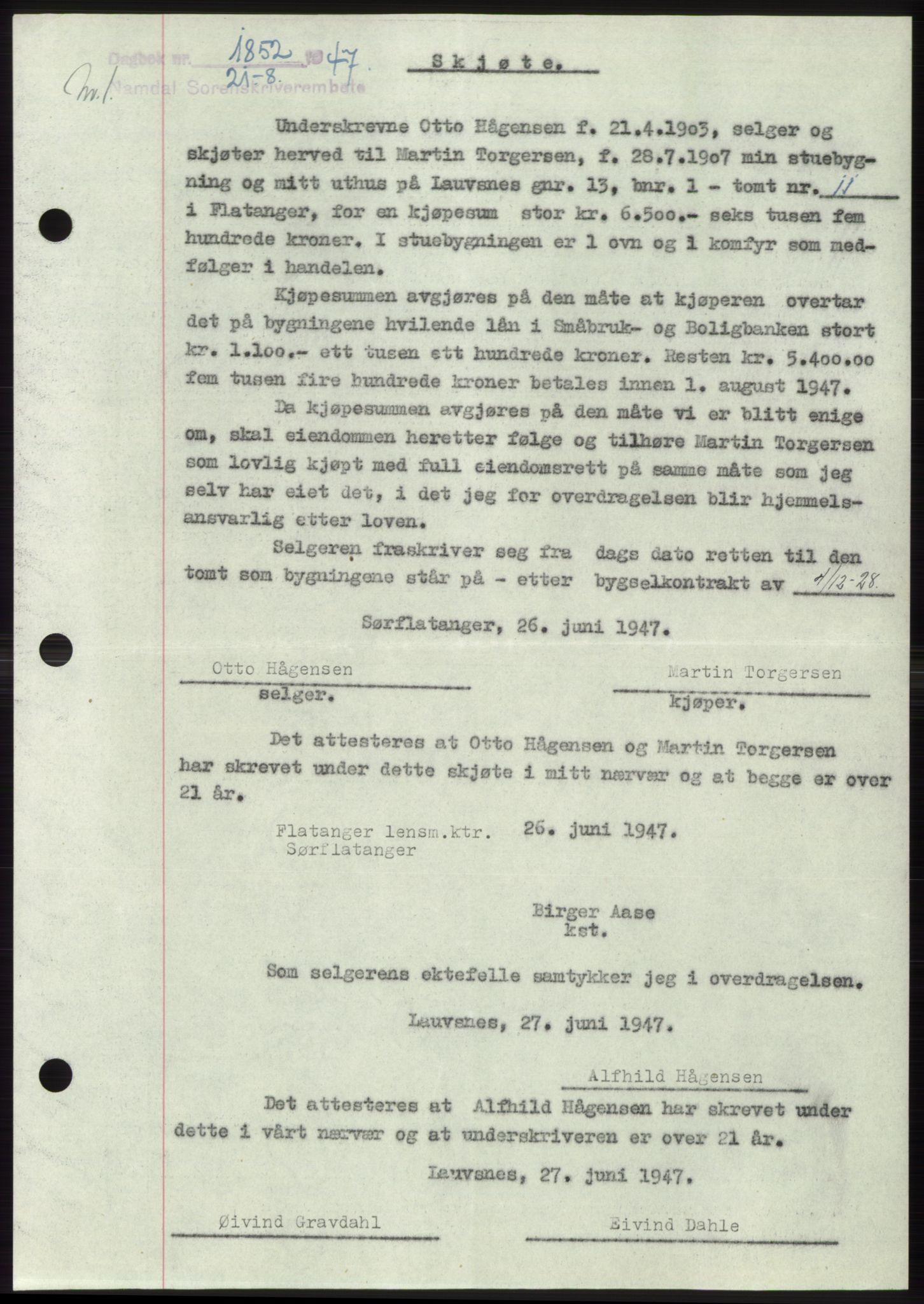Namdal sorenskriveri, SAT/A-4133/1/2/2C: Pantebok nr. -, 1947-1947, Dagboknr: 1852/1947