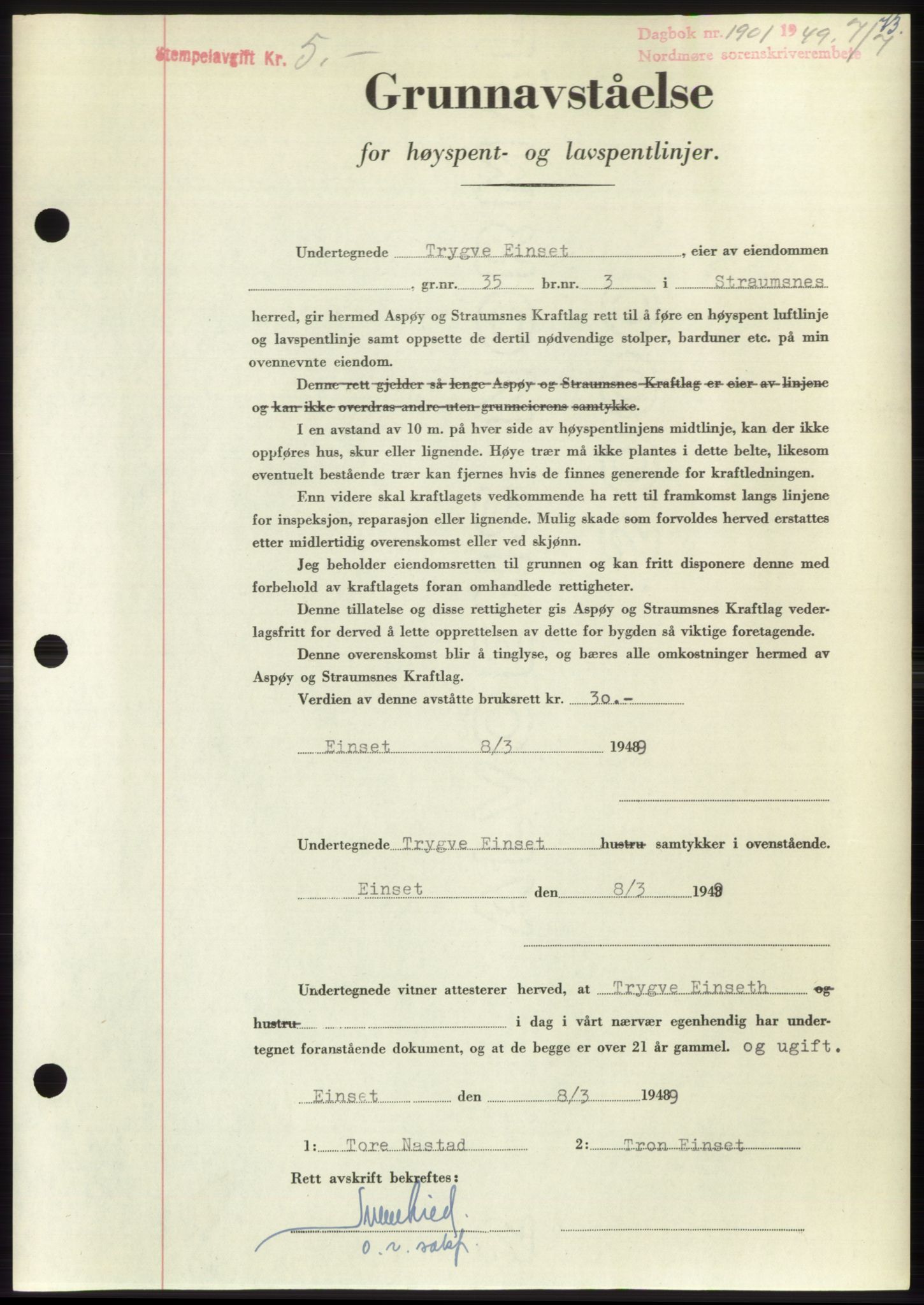Nordmøre sorenskriveri, SAT/A-4132/1/2/2Ca: Pantebok nr. B102, 1949-1949, Dagboknr: 1901/1949