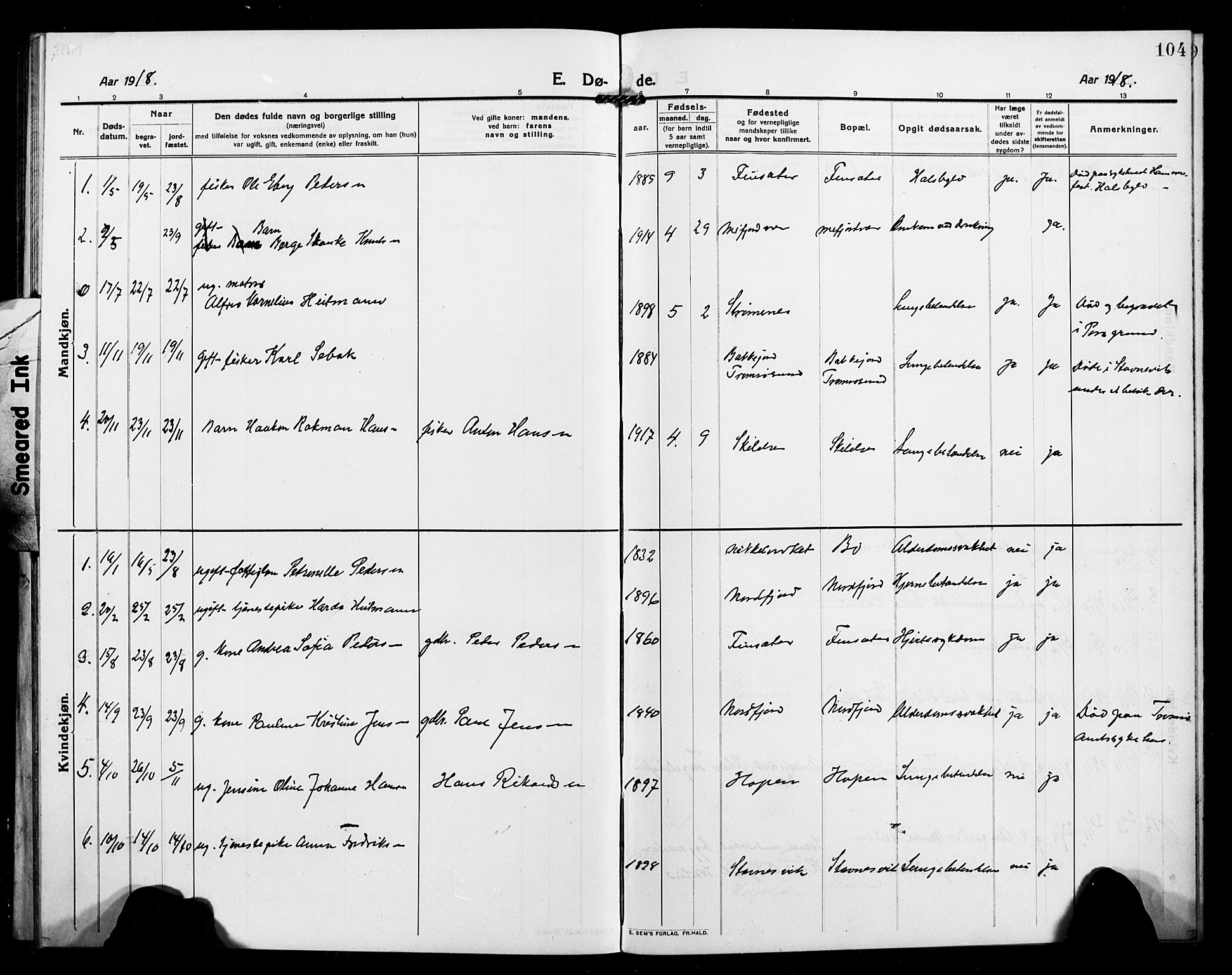 Berg sokneprestkontor, AV/SATØ-S-1318/G/Ga/Gab/L0006klokker: Klokkerbok nr. 6, 1912-1921, s. 104