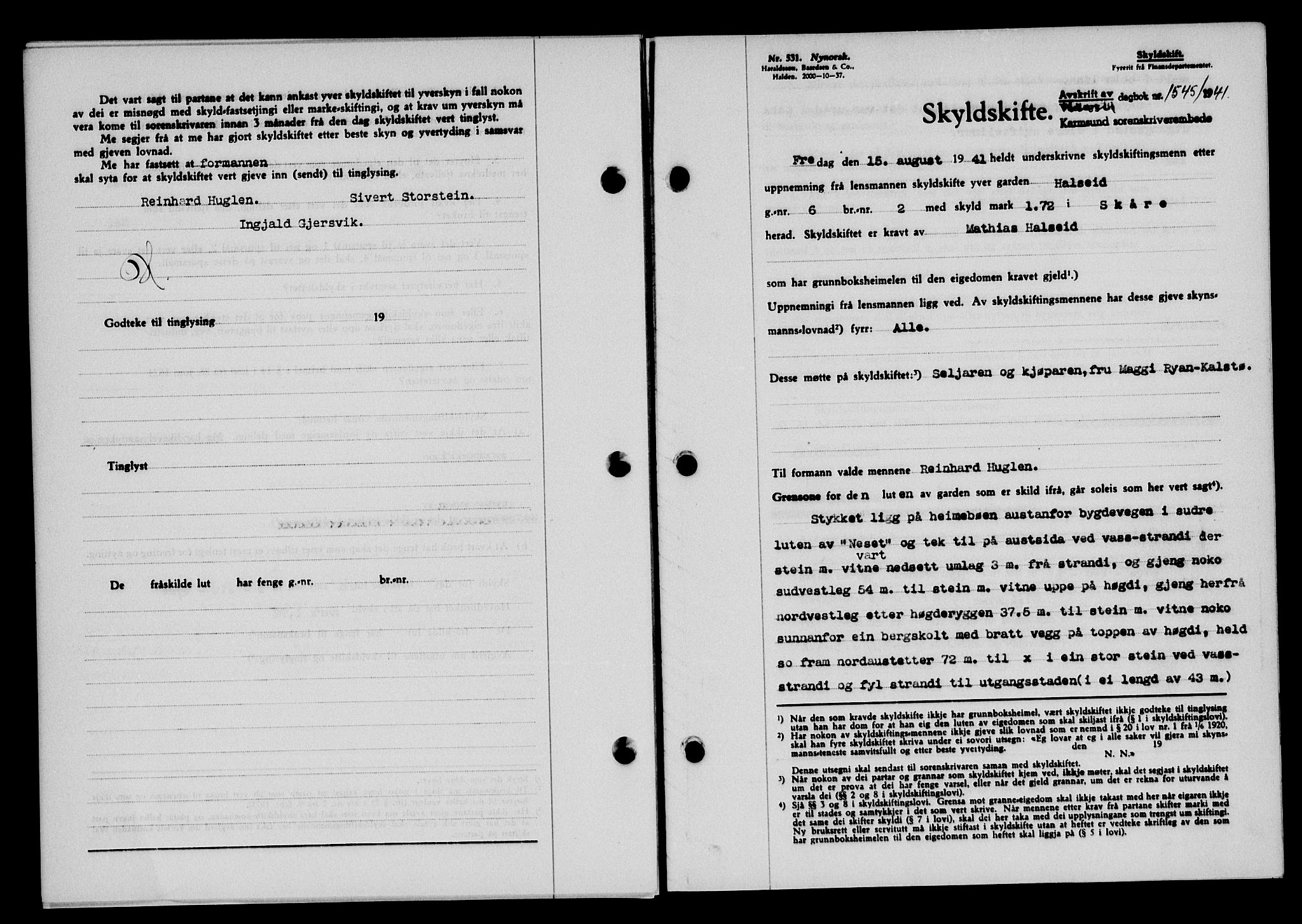 Karmsund sorenskriveri, SAST/A-100311/01/II/IIB/L0075: Pantebok nr. 56A, 1941-1941, Dagboknr: 1545/1941