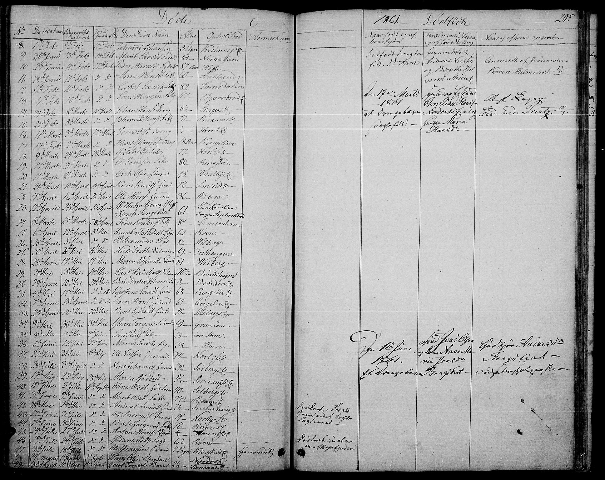 Søndre Land prestekontor, AV/SAH-PREST-122/L/L0001: Klokkerbok nr. 1, 1849-1883, s. 205