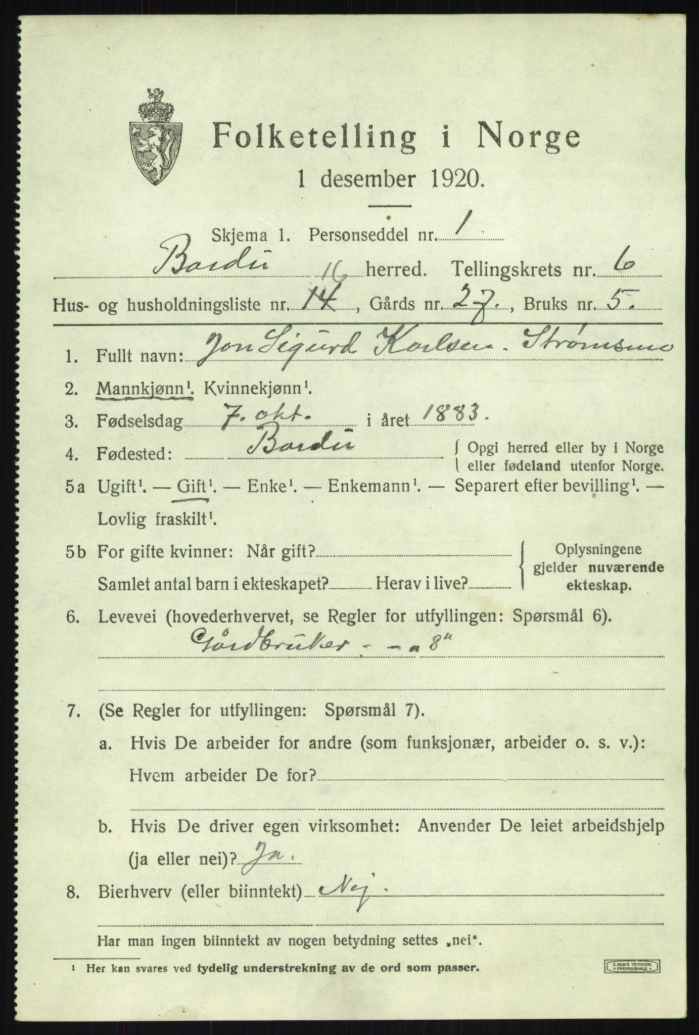 SATØ, Folketelling 1920 for 1922 Bardu herred, 1920, s. 2713