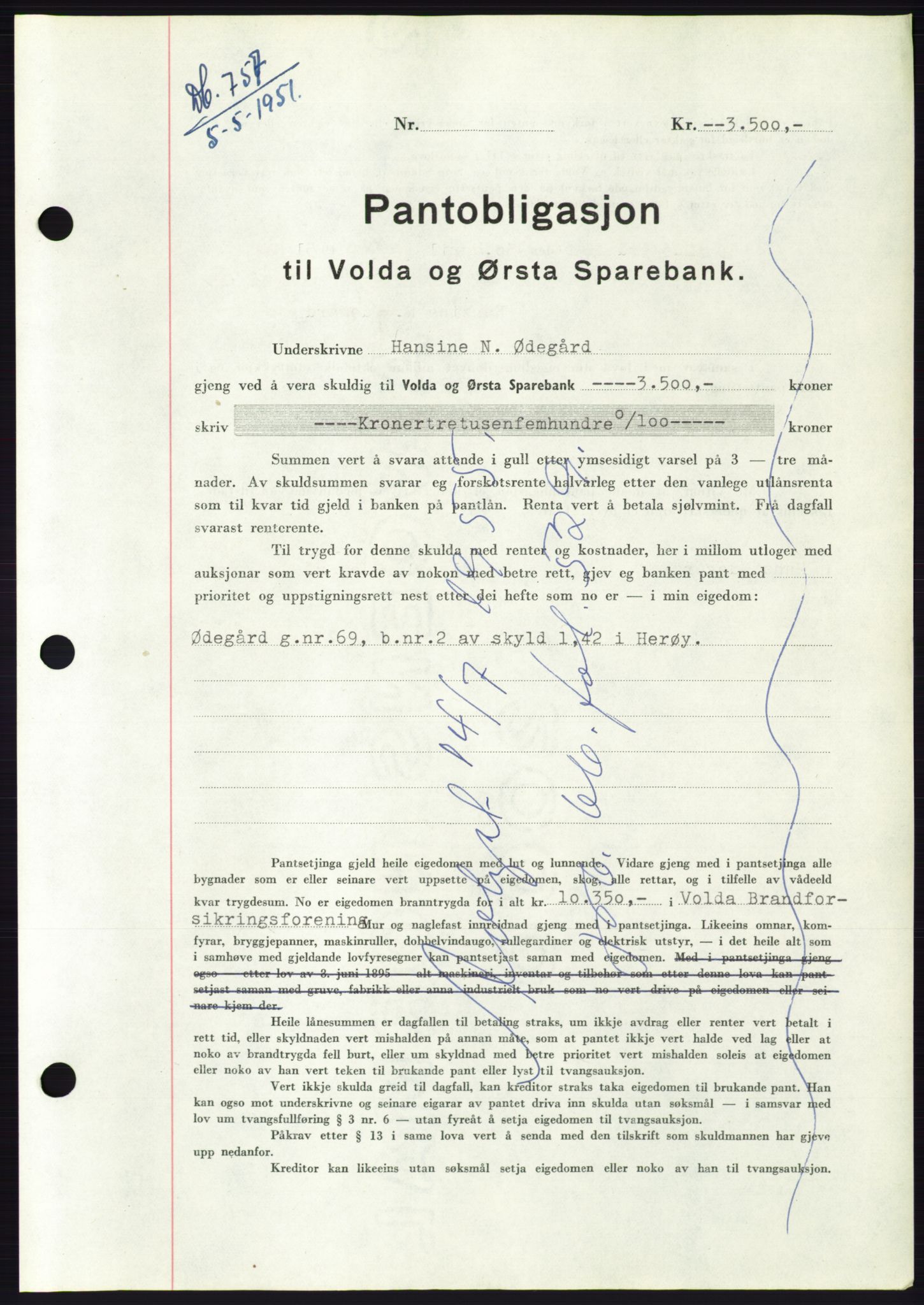 Søre Sunnmøre sorenskriveri, SAT/A-4122/1/2/2C/L0120: Pantebok nr. 8B, 1951-1951, Dagboknr: 757/1951