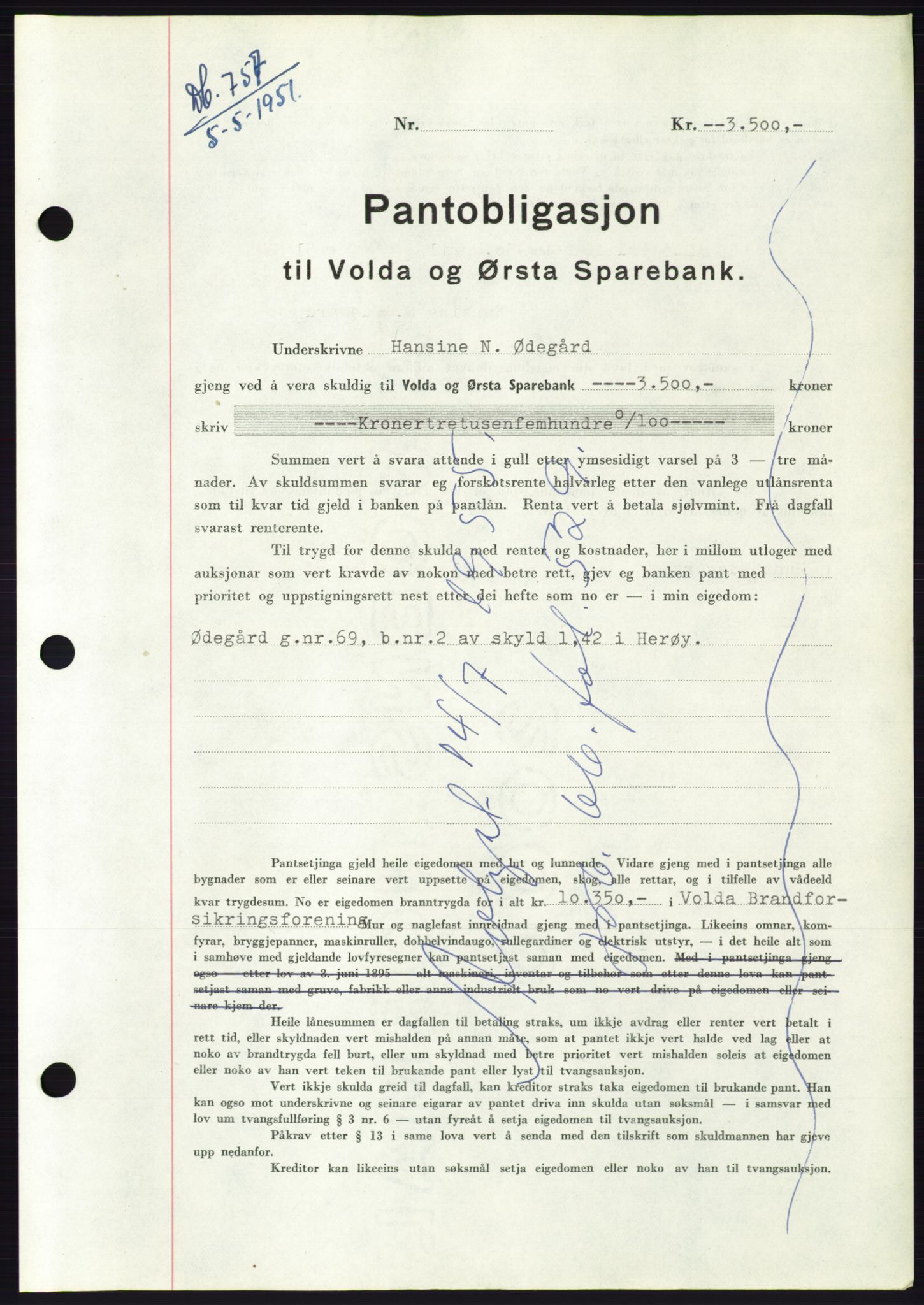 Søre Sunnmøre sorenskriveri, AV/SAT-A-4122/1/2/2C/L0120: Pantebok nr. 8B, 1951-1951, Dagboknr: 757/1951