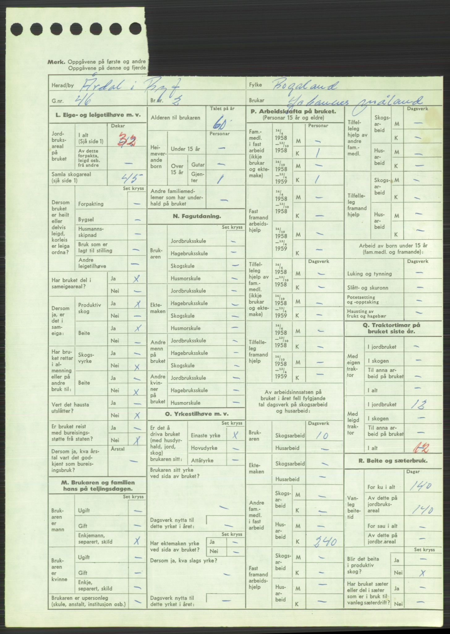 Statistisk sentralbyrå, Næringsøkonomiske emner, Jordbruk, skogbruk, jakt, fiske og fangst, AV/RA-S-2234/G/Gd/L0373: Rogaland: 1130 Strand (kl. 1-2), 1131 Årdal og 1132 Fister, 1959, s. 1197