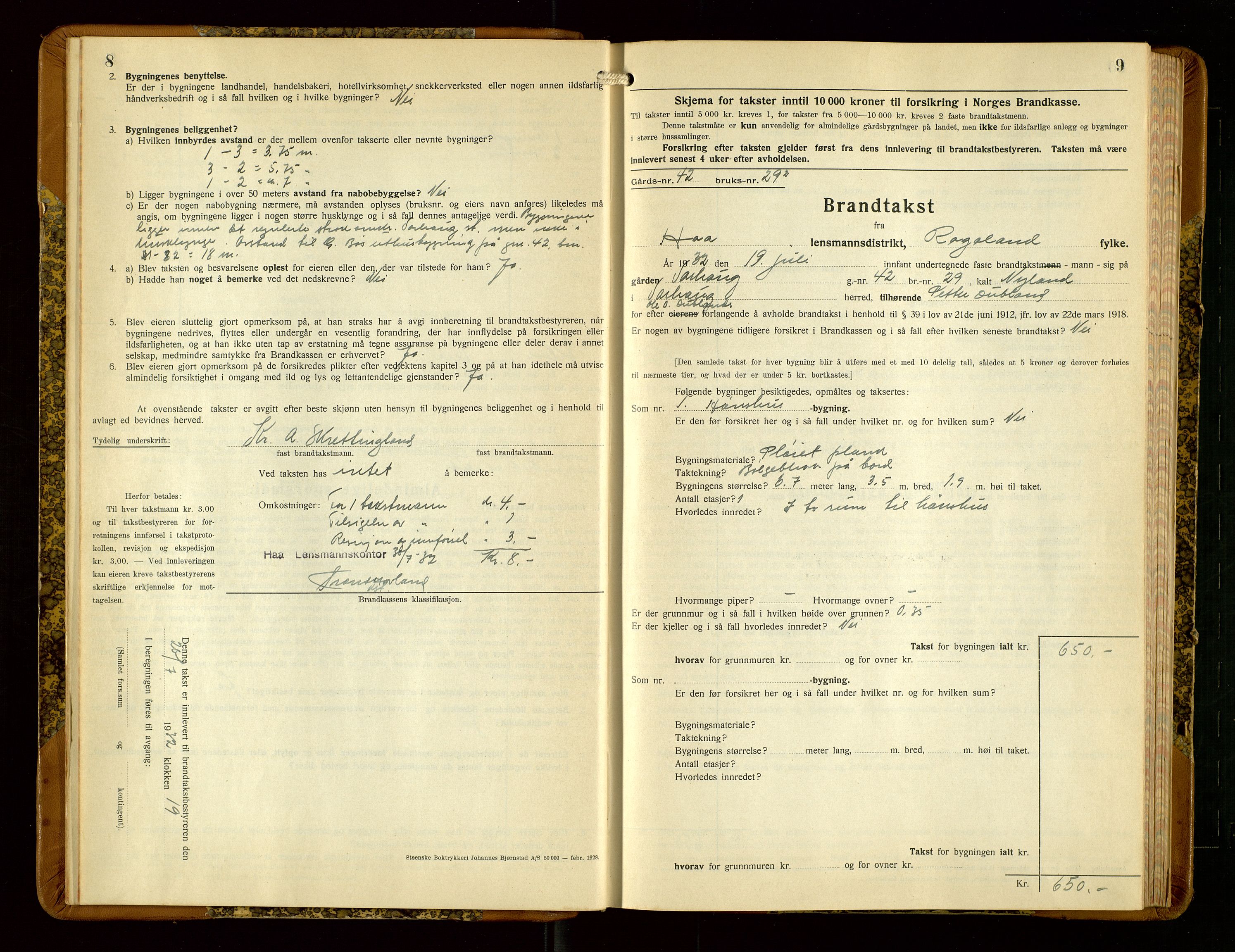 Hå lensmannskontor, AV/SAST-A-100456/Goa/L0006: Takstprotokoll (skjema), 1932-1938, s. 8-9