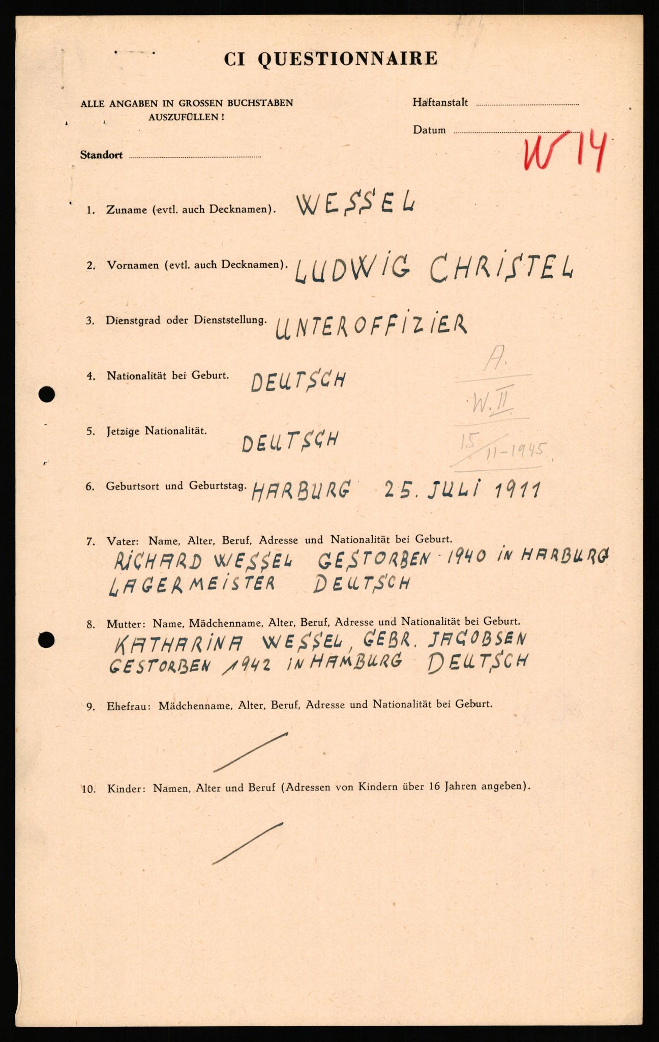 Forsvaret, Forsvarets overkommando II, AV/RA-RAFA-3915/D/Db/L0035: CI Questionaires. Tyske okkupasjonsstyrker i Norge. Tyskere., 1945-1946, s. 435