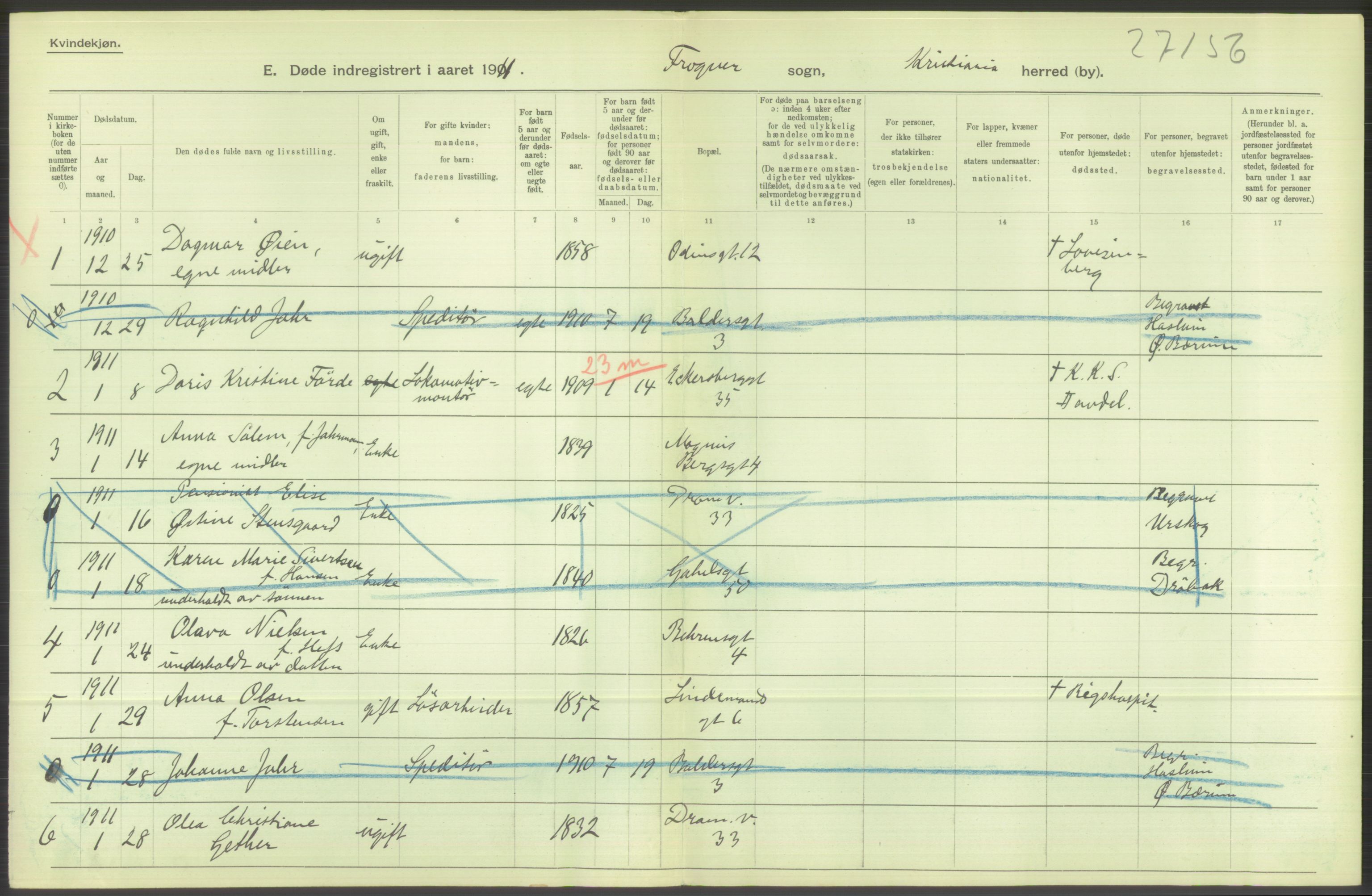 Statistisk sentralbyrå, Sosiodemografiske emner, Befolkning, AV/RA-S-2228/D/Df/Dfb/Dfba/L0010: Kristiania: Døde kvinner samt dødfødte., 1911, s. 626