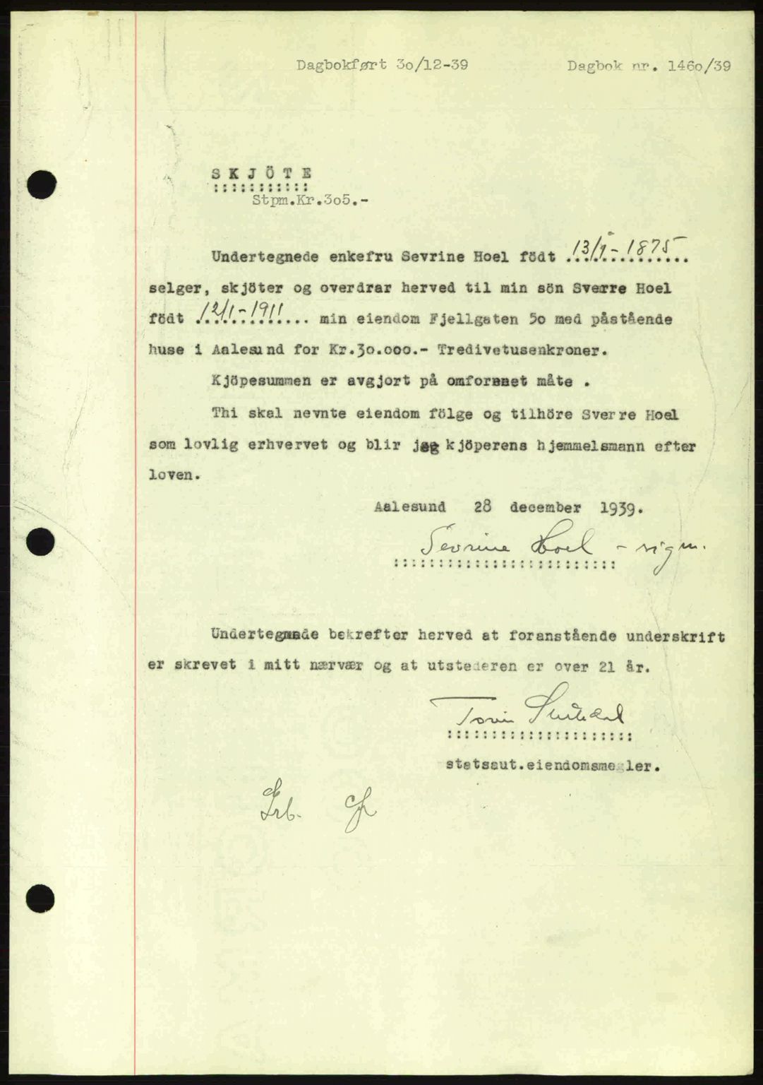 Ålesund byfogd, AV/SAT-A-4384: Pantebok nr. 34 II, 1938-1940, Dagboknr: 1460/1939